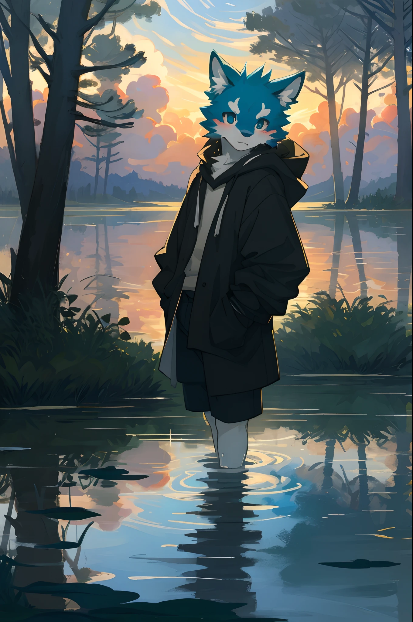 High-quality illustrations by Claude Monet, cover_page, highres, absurdres, detailed background, lake, dawn, detailed forest, clouds, Mysterious and romantic atmosphere, caustics surface(refraction, polarization)perfect anatomy(cute 1boy, single, kemono, solo focus, boy)volumetric lighting, Wet clothes, Water droplets(furry anthro)(very detailed body fur)full body, soft and delicate color palette, dramatic composition, deep shadow, dynamic lighting,