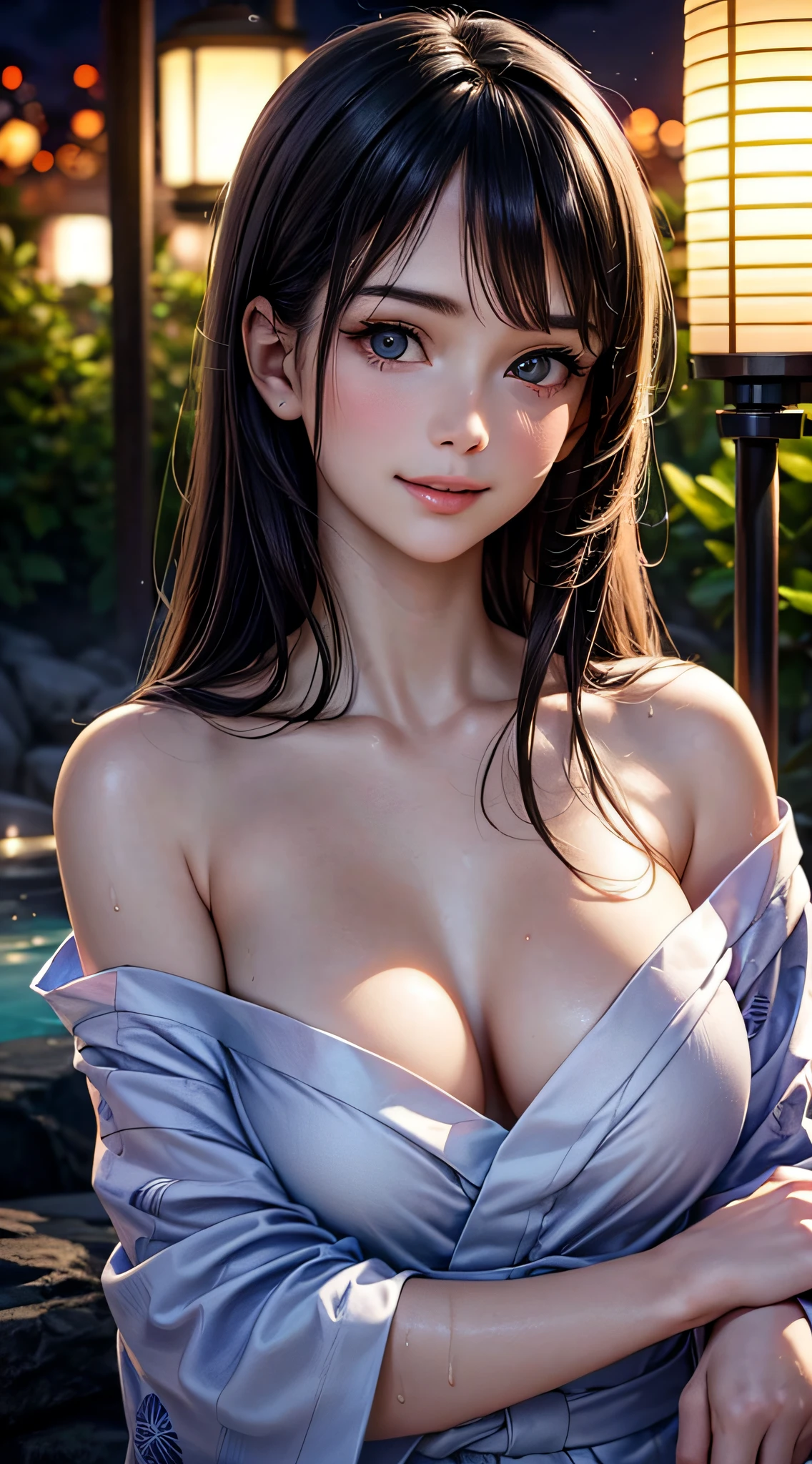 1girl, extremely cute face, Amazing face and eyes, (highly detailed eyes, highly detailed face), Fresh, very clean appearance, (hyper-realistic, hight resolution), (best Quality:1.4), Raw photo, (Realistic, Photorealsitic:1.37), Professional Photography, Cinematic Light, (floral pattern yukata:1.25), (amazing big breasts:1.1), (open yukata), (bare shoulders), Smile slightly, Staring at me, outdoor, Hot springs, (open-air bath at night:1.5), (dark forest), trees, rocks, lantern light, candle light,