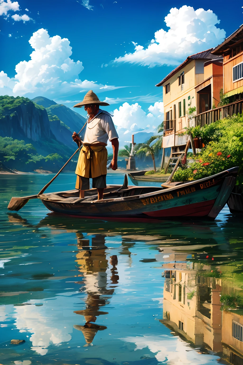 Old Brazilian fisherman looks at his reflection in the sunset water