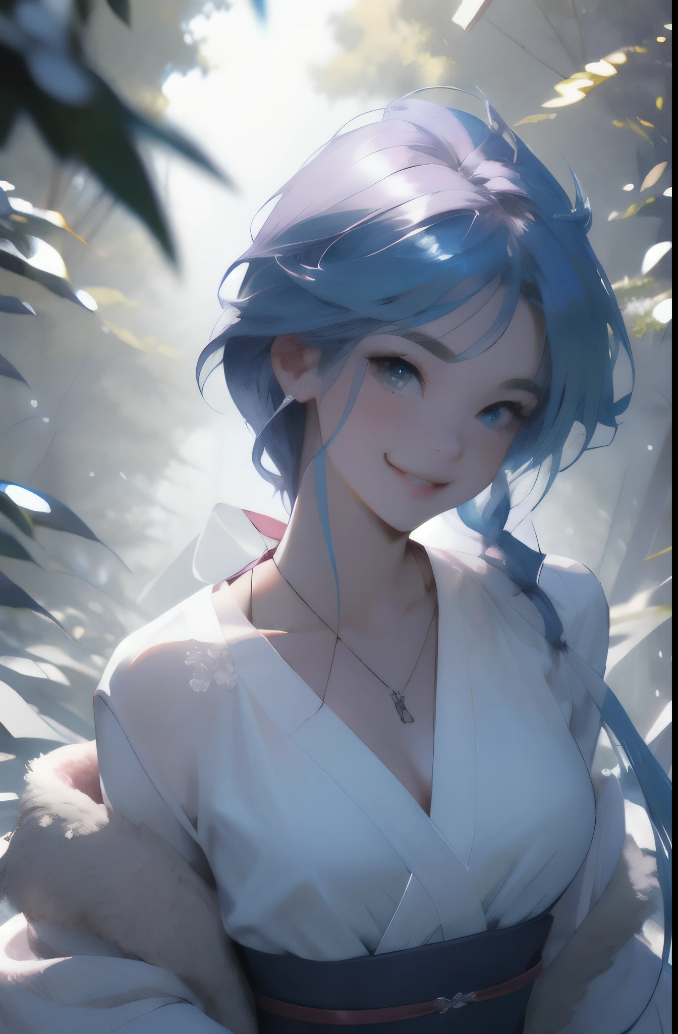 Una mujer de cabello lacio, Pechos grandes, en el bosque con la luz del sol en la cara, Yukime la mujer de la nieve, Pelo corto azul, cuerpo tonificado, vestido transparente blanco, Pink waist ribbon, sexy, sensualidad, sonriendo, foto en acercamiento