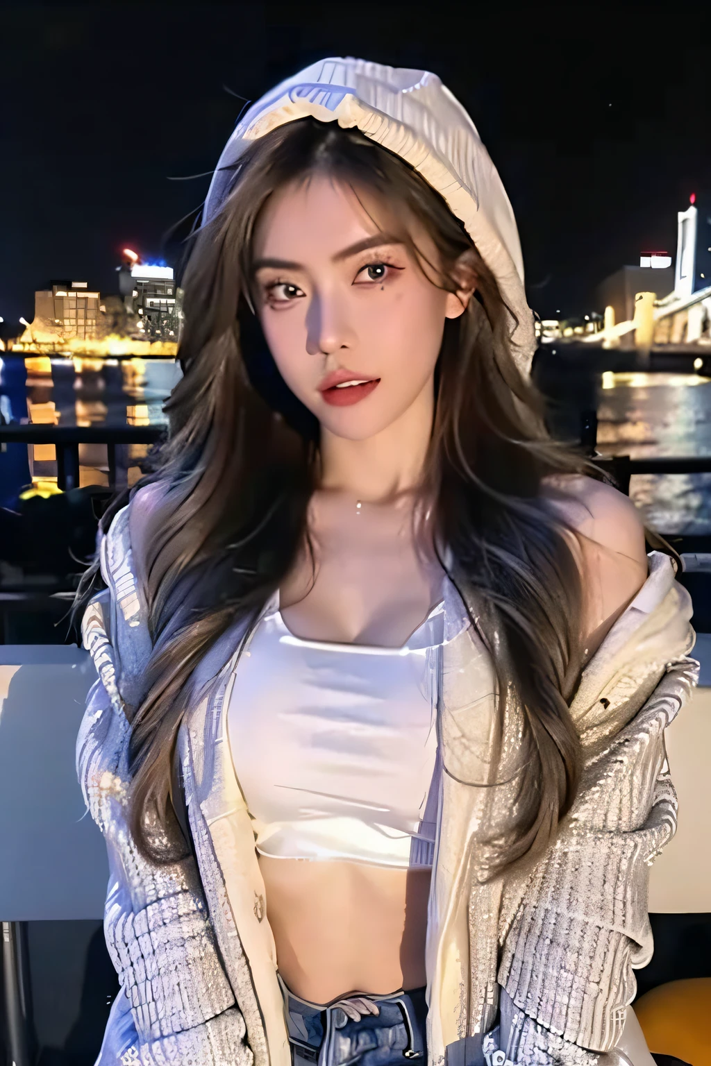 (best quality，4k，8k，high resolution:1.2)，Ultra - Detailed，realistic，photorealistic:1.37，Ponzi hair, small breasts, ((Ahegao:1.37, eyes crossed)), Like:1.8, long hair, long shot, long jacket, full body shot, hoodie inside the jacket, New York City background, night time