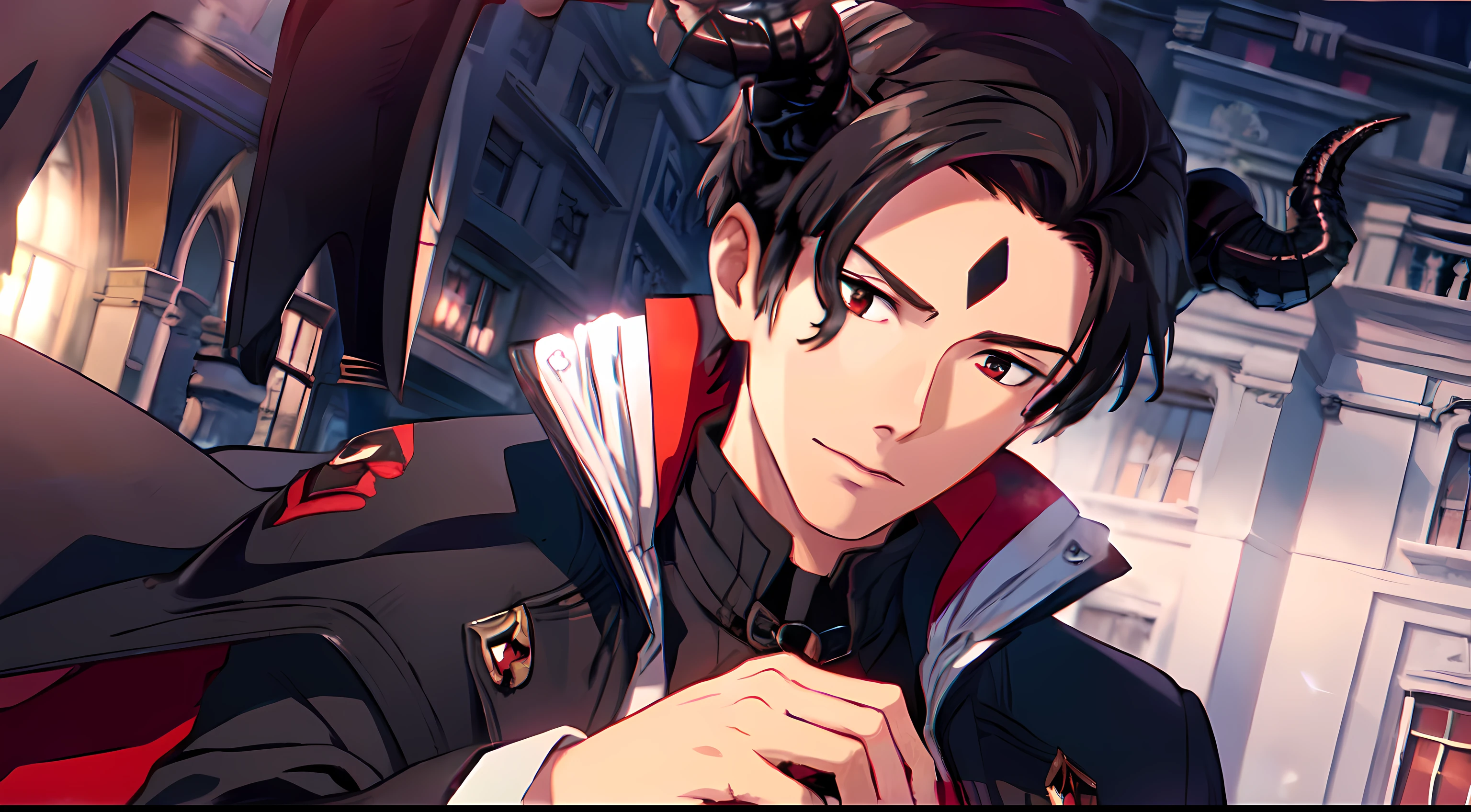masterpiece, (1Man), luci, red eyes, black hair, cape, horns, demon, outdoor