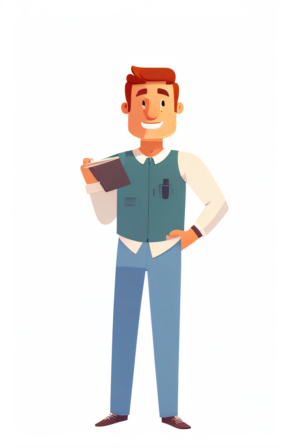 There's a man standing with a book in his hand, male character design, flat illustration, Concepto de personaje poco realista, He's holding a big book, cartoon style illustration, detailed character, character illustration, professional character design, character is standing, Personaje adulto, cartoon illustration, Un retrato del personaje, Personaje masculino, official illustration of the character, Retrato de cuerpo completo del personaje