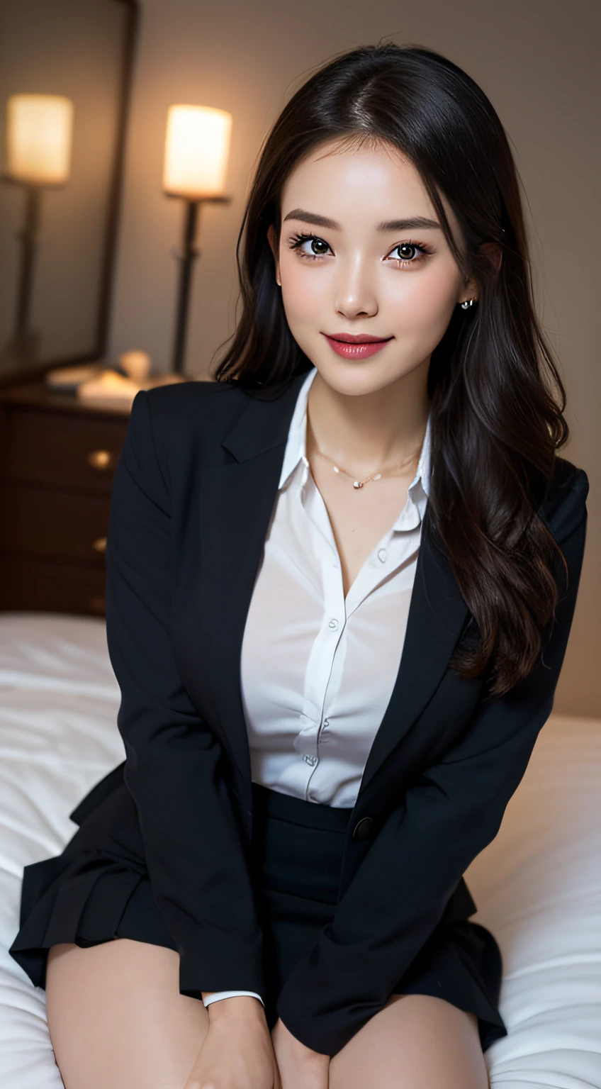 (1womanl), Beautiful, seducting smile, (Best Quality:1.4), (Ultra-detailed), (extremely detailed CG unified 8k wallpaper), Highly detailed, High-definition raw color photos, Professional Photography, Amazing face and eyes, makeup, (tempting look), (amazingly beautiful girl), ((Business Suit)), ((Mini skirt)), (Business shirt with wide open chest), (Spread your legs), ((Wear ultra-realistic pantyhose)), (:1.3), insertion, Seductive, (dim bedroom:1.3), (View from below)