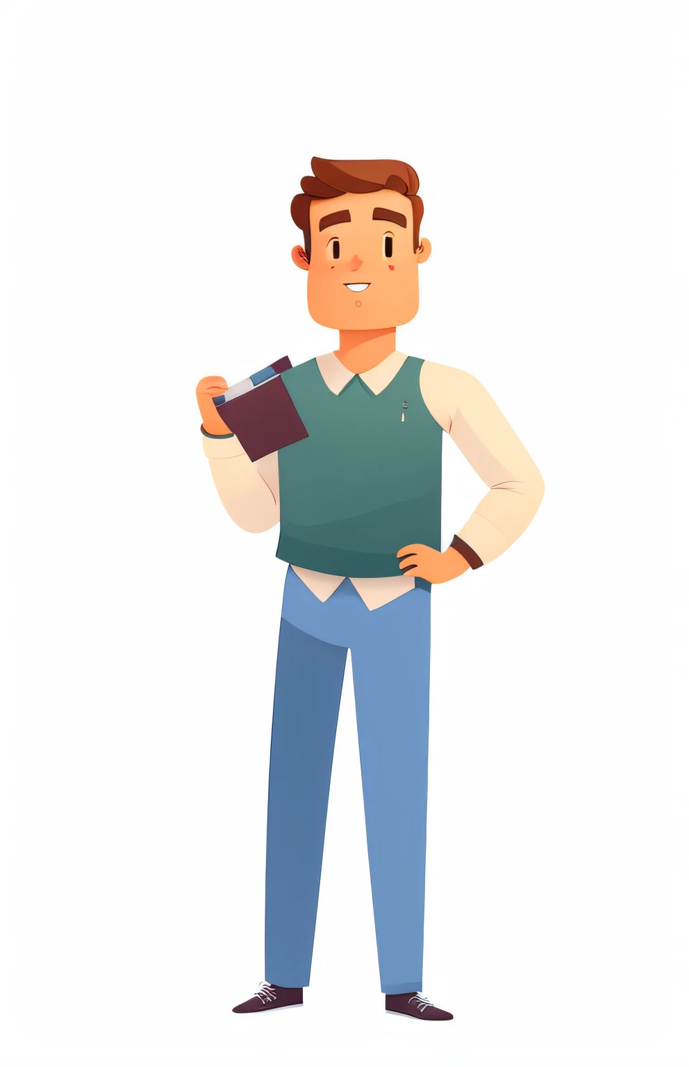 There's a man standing with a book in his hand, male character design, flat illustration, Concepto de personaje poco realista, He's holding a big book, cartoon style illustration, detailed character, character illustration, professional character design, character is standing, Personaje adulto, cartoon illustration, Un retrato del personaje, Personaje masculino, official illustration of the character, Retrato de cuerpo completo del personaje