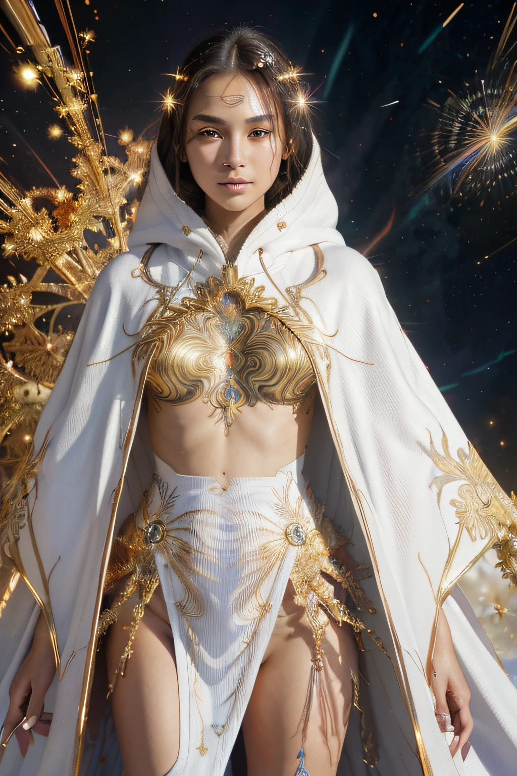 (masutepiece, of the highest quality, Best Quality, Official art, Beautiful and aesthetic:1.2), (1girl in), extremely detailed eye, (Fractal Art:1.3), Colorful, highest details, (Perfect face), Shiny skin, nffsw, (White cloak golden lines:1.2), Galaxy, (light streaks), striking visuals, (Dynamic streaks, luminous trails:1.2), Vibrant colors, (phoenix), (shenron)