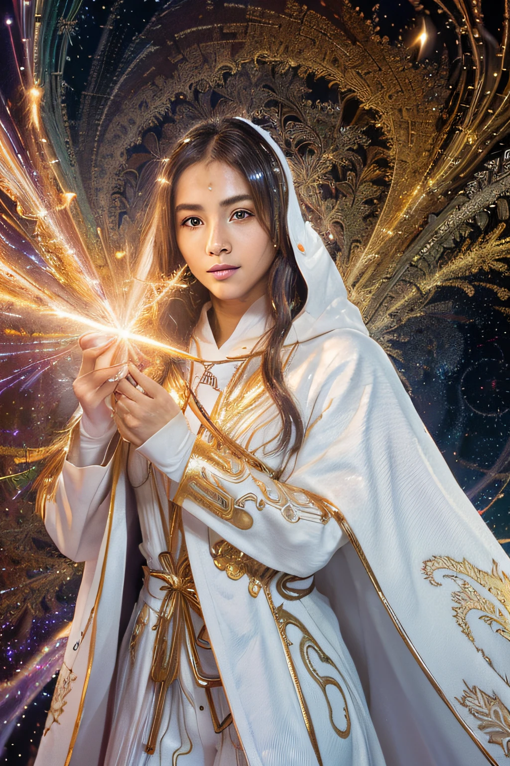 (masutepiece, of the highest quality, Best Quality, Official art, Beautiful and aesthetic:1.2), (1girl in), extremely detailed eye, (Fractal Art:1.3), Colorful, highest details, (Perfect face), Shiny skin, nffsw, (White cloak golden lines:1.2), Galaxy, (light streaks), striking visuals, (Dynamic streaks, luminous trails:1.2), Vibrant colors, (phoenix), (shenron)