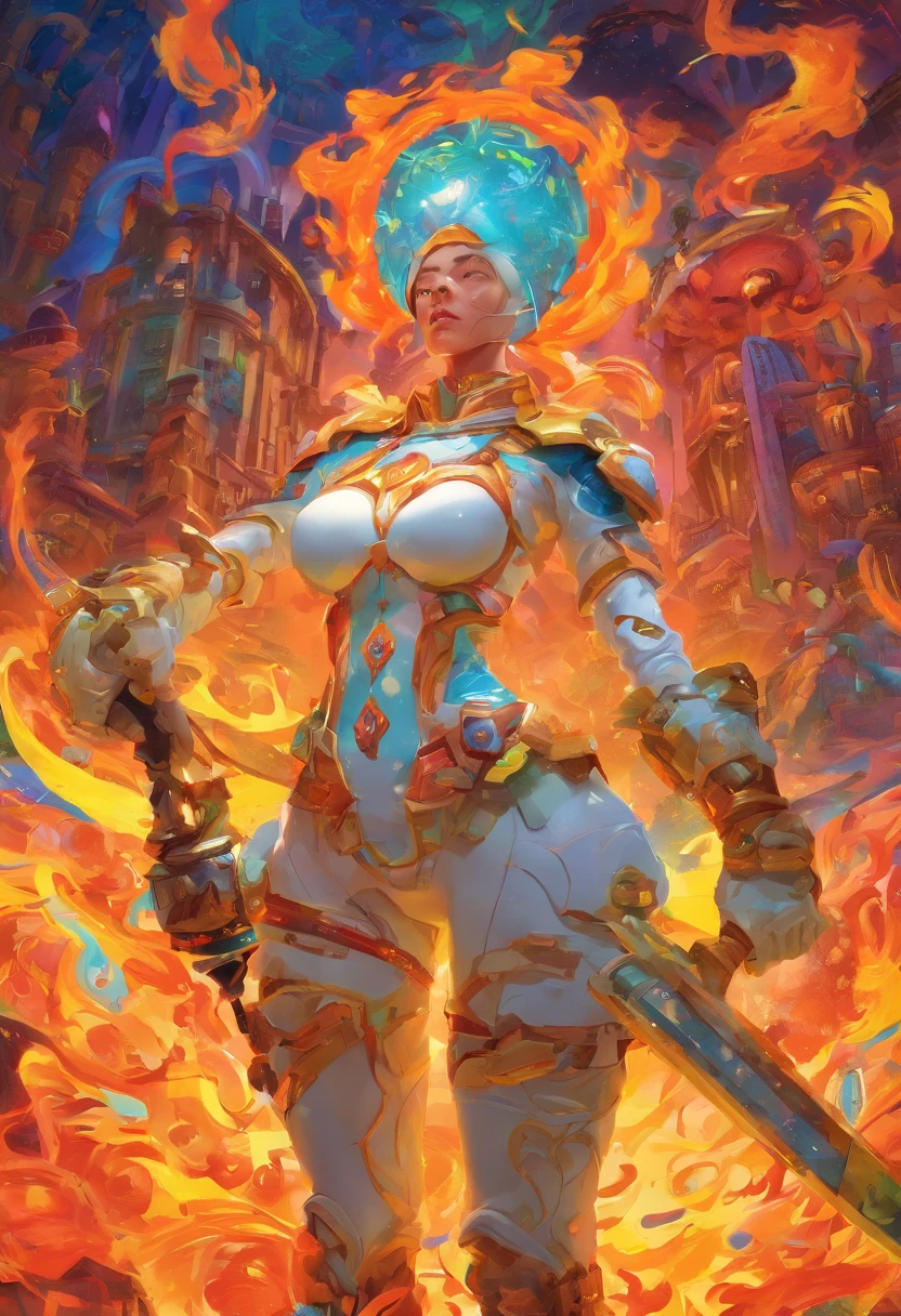 (( woman holding a flame sword)), cybernetic white and gold trim uniform, detailed eyes, with equipment,( equipment: can grant a skilled user tremendous mobility, it is a demanding art that requires strength, and skill, both of which must be honed through constant practice. Some tools involved in the apparatus include: Hand grips and Piston-shot), ( backgroud: medival town, 5+soldiers with equipment ), by Hayao Miyazaki or Chesley Bonestell, 8k cinematic volumemetric lighting