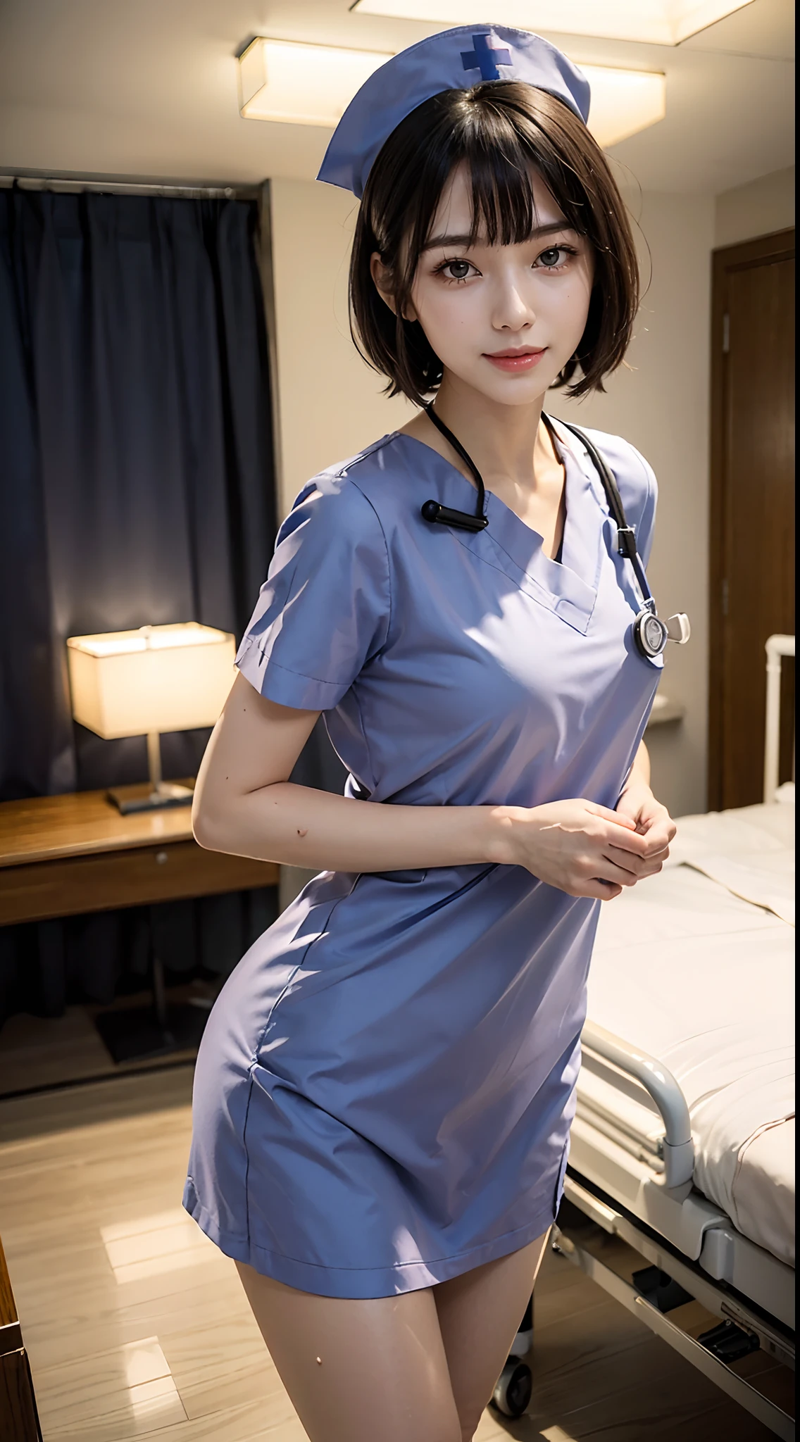 (1 Ultimate Beautiful Mature Nurse)、hyperdetailed face、Detailed lips、detailed eyes、double eyelids、((brunette bob hair))、(nurse's uniform:1.3)、(Glamorous body)、(Huge breasts)、smile、thighs thighs thighs thighs, Perfect fit, Perfect image realism, Background with: (Hospital Patient Rooms:1.2), Cowboy Shot, 细致Background with, detailed costume, Perfect litthing、Hyper-Realism、(Photorealsitic:1.4)、8K maximum resolution, (​masterpiece), highly detailed, Professional, ((whole body capture)), fullbody, legs wide open, open legs, eyes on camera, details eyes, beautiful eyes, up skirt