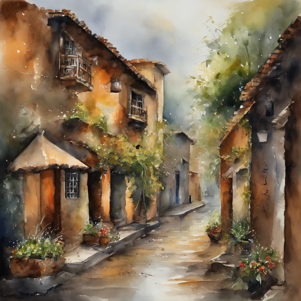 moderno, speed lines, punto de fuga, UHD, Obra maestra, Detalles altos,There's a Chinese-style alley in the bustling city，Los cables se intercalan entre las casas a ambos lados，Stone bricks of different sizes are paved along the way，The sides are lined with greenery。It just rained here，Puddles are strewn everywhere，El cielo es gris，Nada，Everything seemed particularly homey
