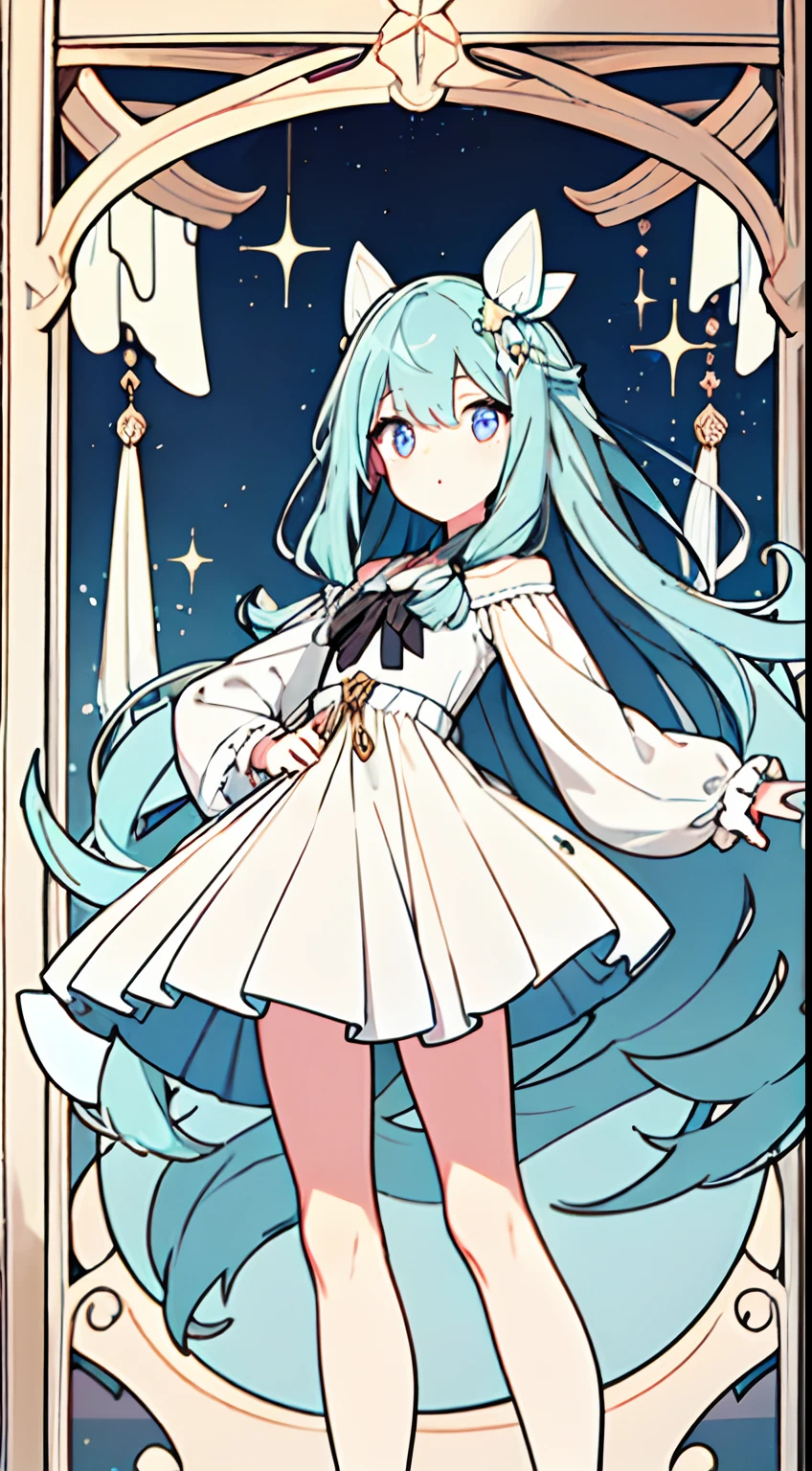 masuter piece, Best Quality,32K、Wallpaper, ultra -detail, Absurd beauty, 1Beautifulwoman、Big eyes with sparkly、Hair fluttering in the wind、:O、slender long legs、Smaller head、miscievous smile、Angle looking up from below:1.3、Angle from which you can see the whole body