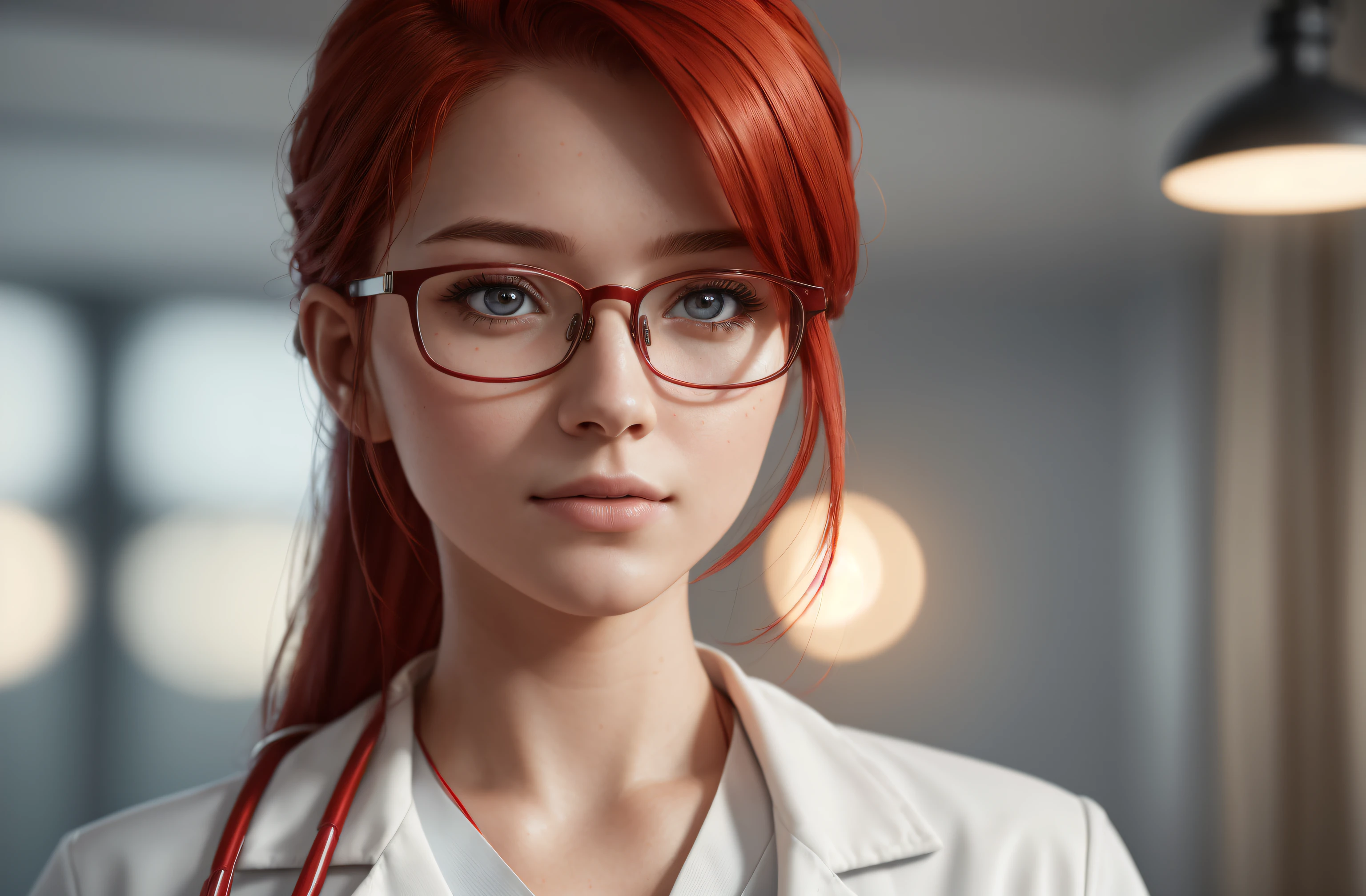 portrait shot, (masterpiece:1.2) (photorealistic:1.2) (bokeh) (best quality) (detailed skin:1.3) (intricate details) (8k) (cinematic lighting) (sharp focus) , a young nurse, exam room background, a portrait shot of a young nurse with red hair, wearing a white lab coat, wearing glasses, a digital rendering,