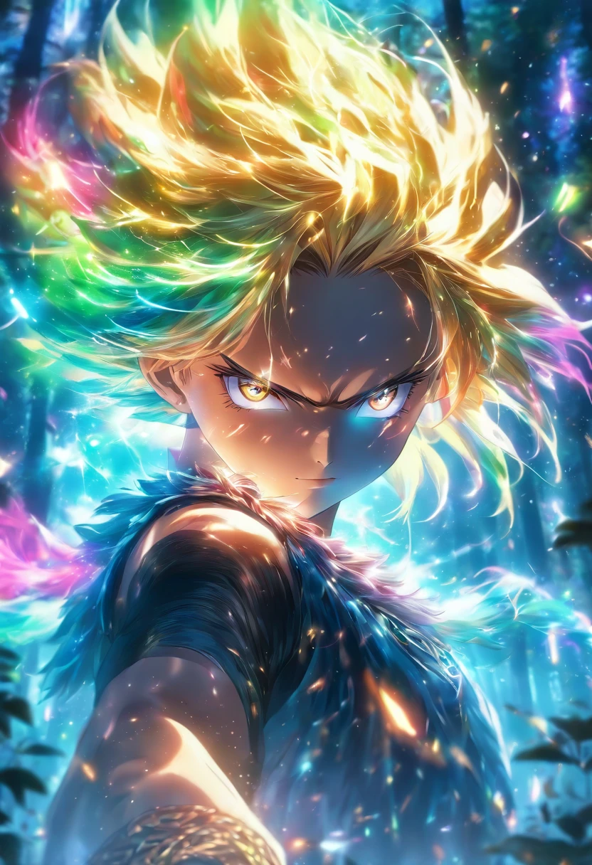 (best quality,4k,8k,highres,masterpiece:1.2),ultra-detailed,(realistic,photorealistic,photo-realistic:1.37), kawaii character with glowing golden eyes,rainbow colored hair,casting glowing spells,mystical forest,illustration,enchanted atmosphere,vibrant colors,soft lighting