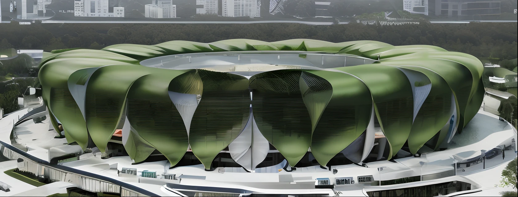 sport building, has the shape of feathers, There is plenty of greenery around, The strokes intertwine into a bird's nest style, ellipse
