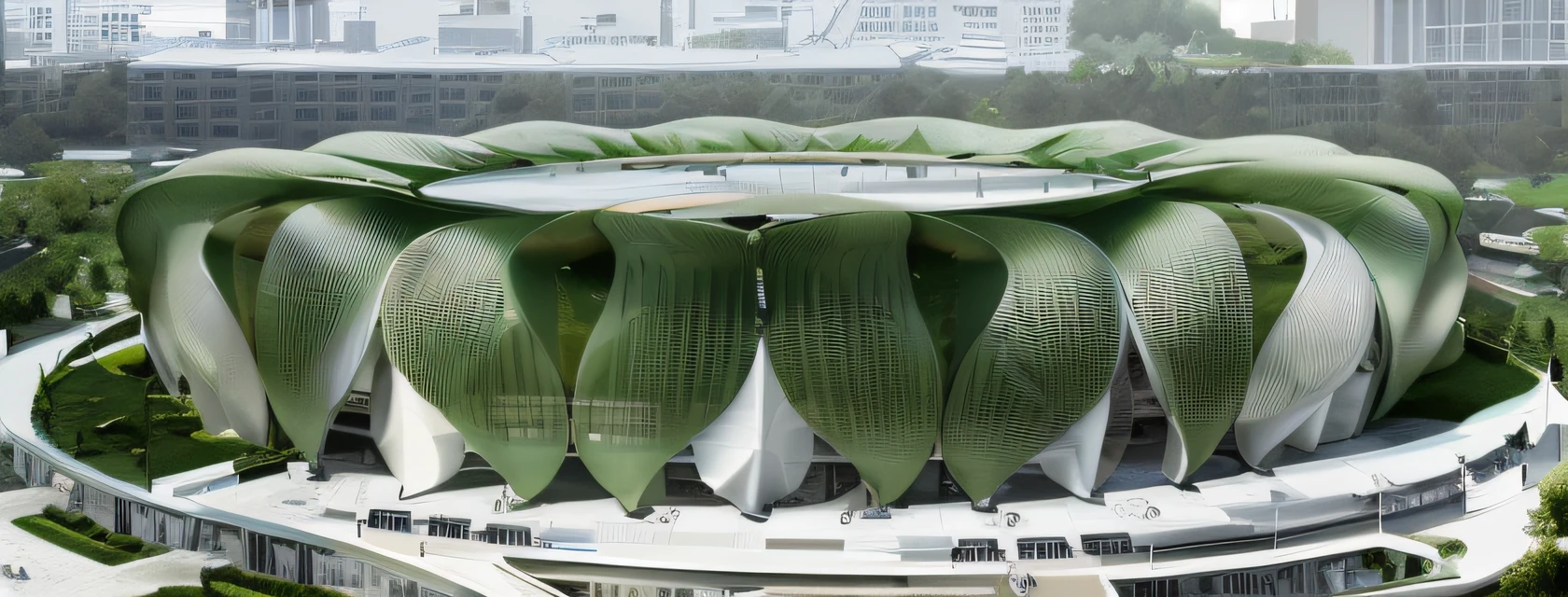 sport building, has the shape of feathers, There is plenty of greenery around, The strokes intertwine into a bird's nest style, ellipse