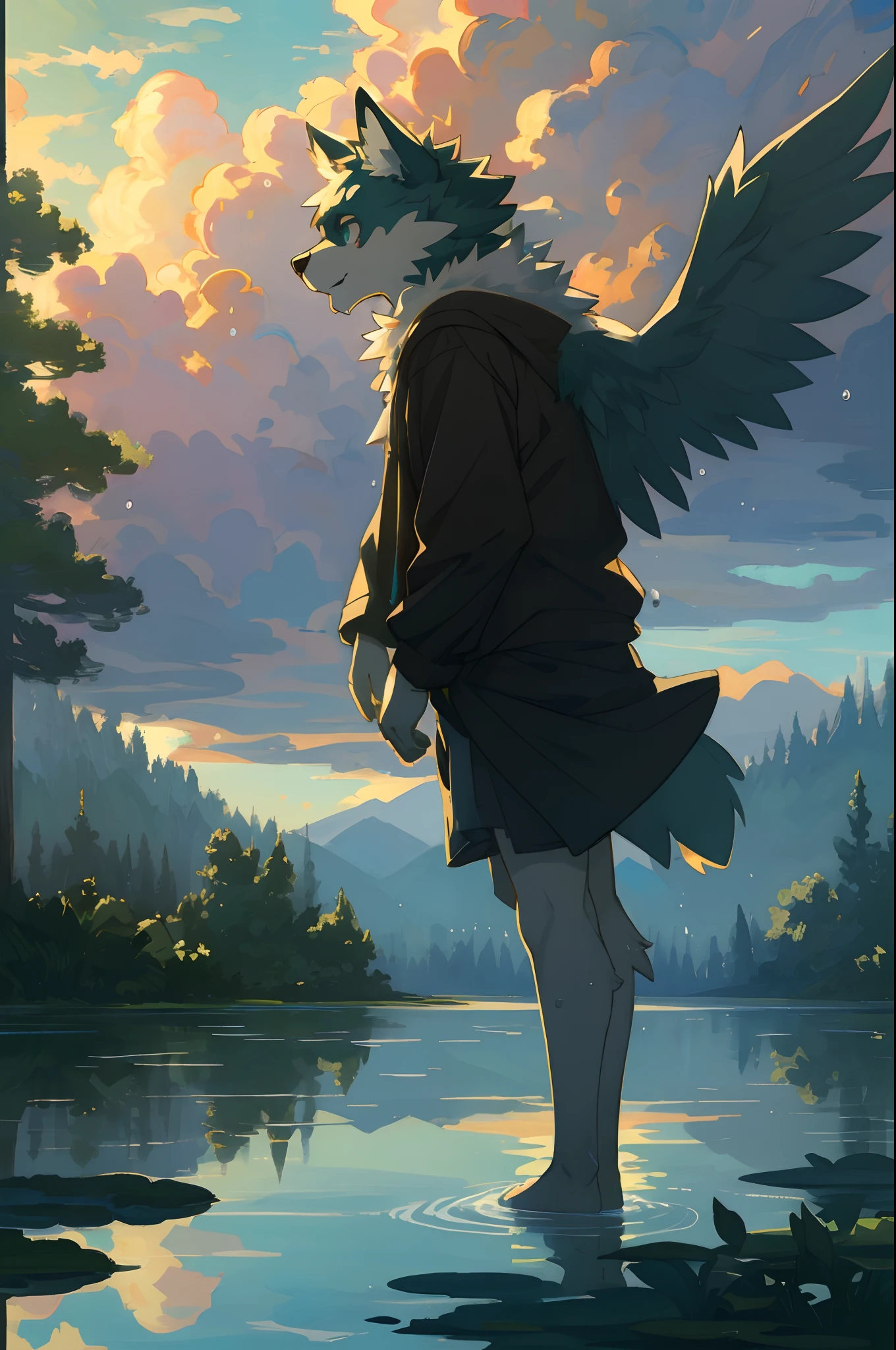 High-quality illustrations by Claude Monet, cover_page, highres, absurdres, detailed background, lake, dawn, detailed forest, clouds, Mysterious and romantic atmosphere, caustics surface(refraction, polarization)perfect anatomy(cute 1boy, single, kemono, solo focus, boy)volumetric lighting, Wet clothes, Water droplets(furry anthro)(very detailed body fur)full body, soft and delicate color palette, dramatic composition, deep shadow, dynamic lighting,