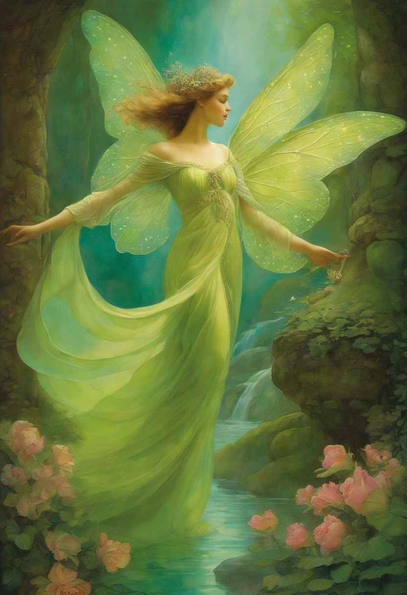 Fairy Dance, Elegant, Very charming beautiful by Daniel Merriam, Josephine Wall, Magenta decoration by Alphonse Mucha and Ralph McQuarrie, aqua, Lime green. .watercolor paiting, wet on wet,