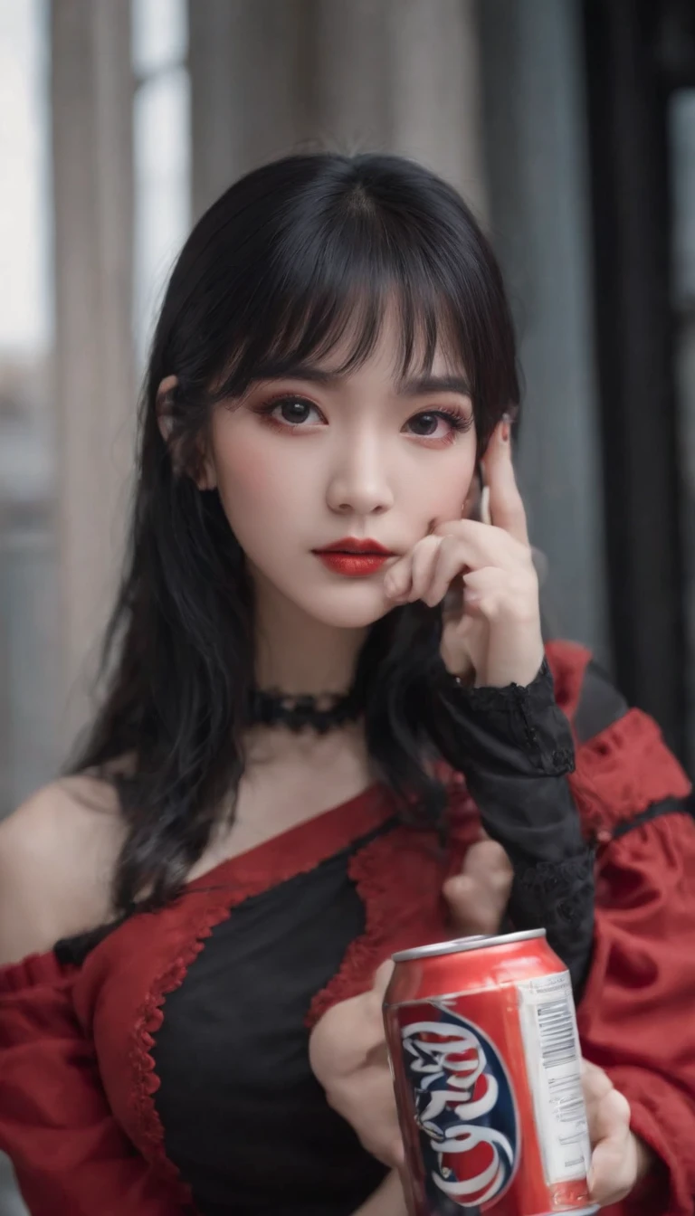 arafed asian woman holding a can of soda in her hand, anime girl in real life, anime inspired, sexy face with full makeup, pale goth beauty, black hair and large eyes, pale porcelain white skin, she has black hair with bangs, cruel korean goth girl, 1 7 - - old me goth girl, hyper realistic anime, anime vibes, UHD, ultra high res, photorealistic:.1.4