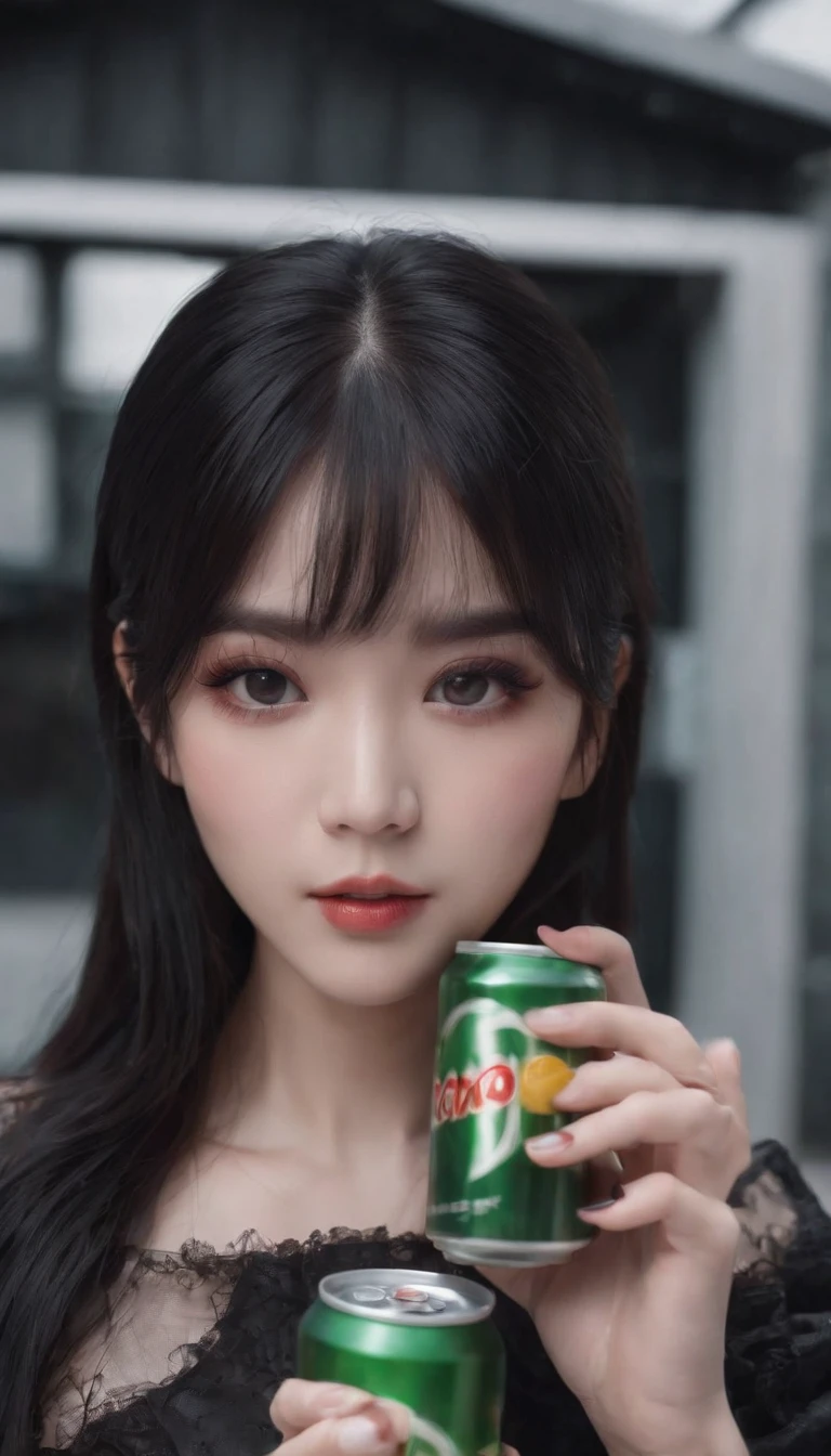 arafed asian woman holding a can of soda in her hand, anime girl in real life, anime inspired, sexy face with full makeup, pale goth beauty, black hair and large eyes, pale porcelain white skin, she has black hair with bangs, cruel korean goth girl, 1 7 - year - old anime goth girl, hyper realistic anime, anime vibes, UHD, ultra high res, photorealistic:.1.4