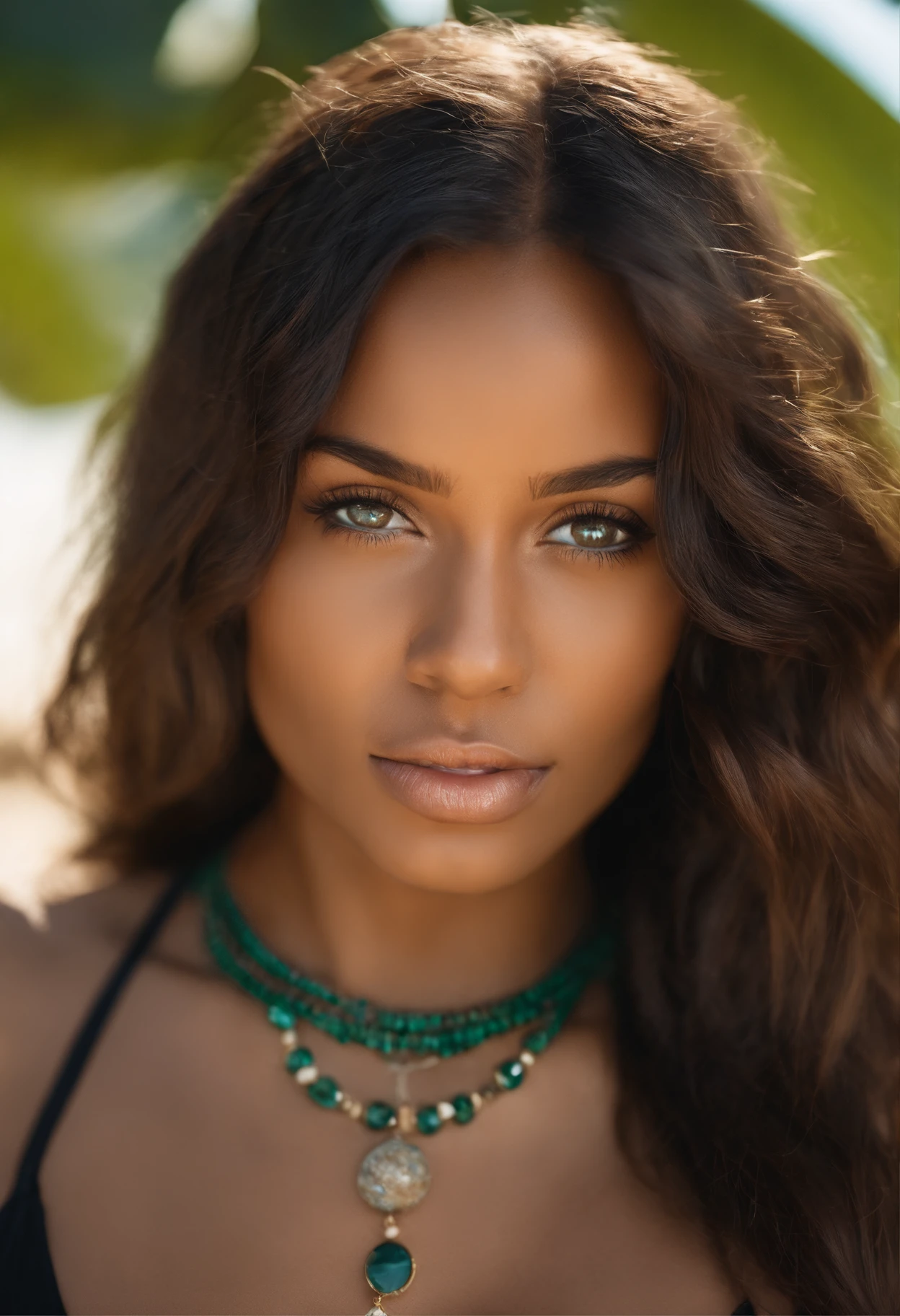 arafed black woman with a black bikini and a necklace on the beach, sexy girl with green eyes, portrait sophie mudd, brown hair and large eyes, picture of a young woman, bedroom eyes, violet myers, without makeup, natural makeup, looking directly at the camera, face with artgram, subtle makeup, piercing green eyes