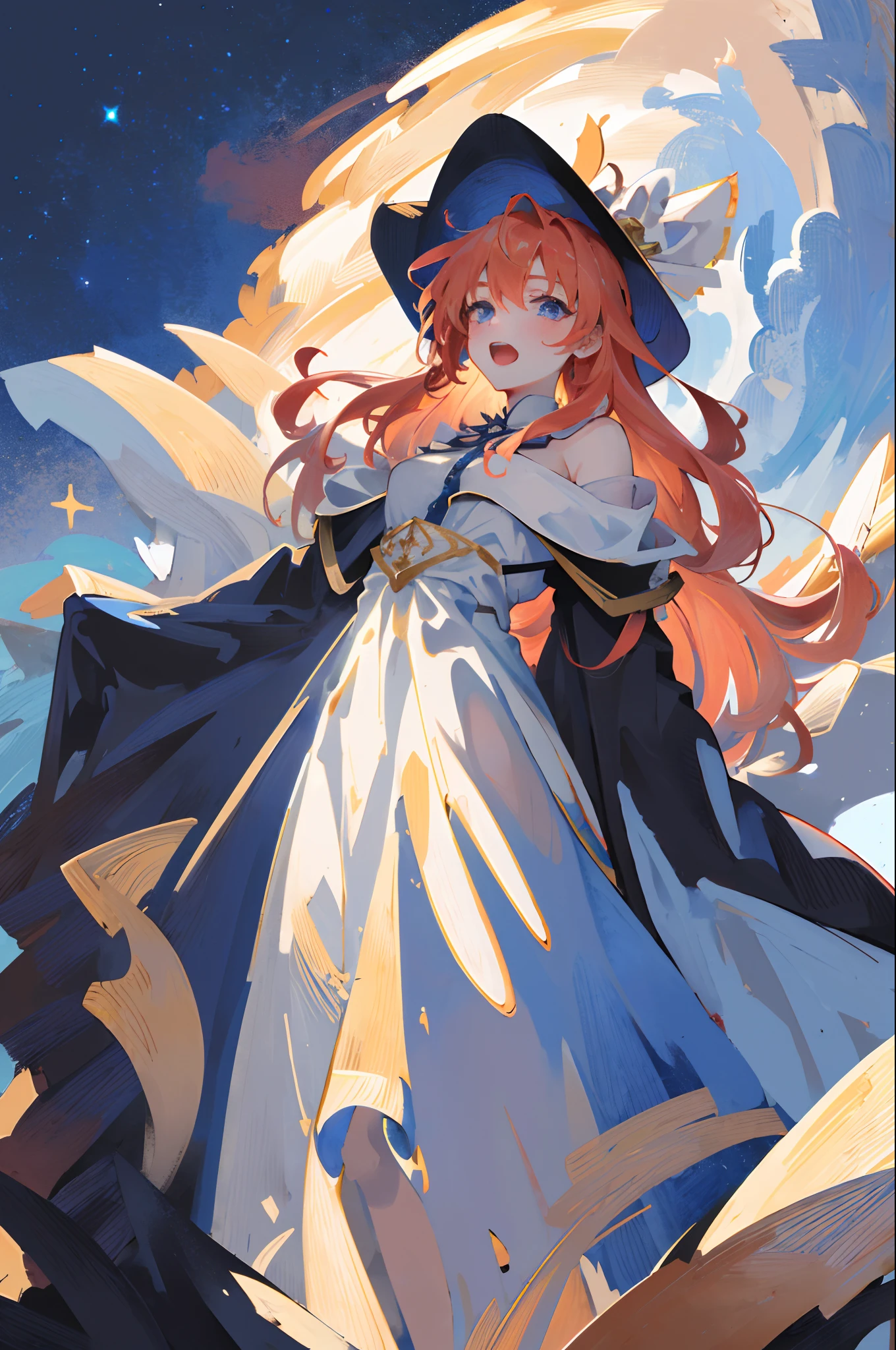 ((Masterpiece: 1.2, Best Quality)), 1girl, Solo, (Witch Hat), Blonde, Long Hair, Dress, Aurora, Night, Stars (Sky), Gloves, Sky, White Dress, Night Sky, Open Mouth, Starry Sky, Blue Eyes, Ribbon, Very Long Hair, Red Dress, Smile, Hair Ribbon, Cloak, Blue Hair, (Bird), Magic, Casting Spells, Dark Clouds, Night, (Impressionism: 1.4), (Tarot: 1.3) , Alphonse Mucha,