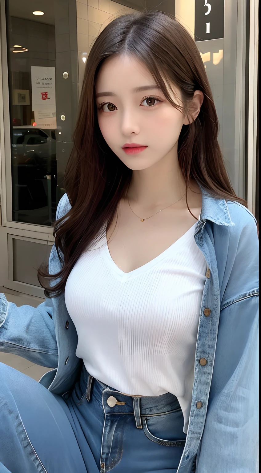 finely detail, hight resolution, hightquality、Perfect dynamic composition, Beautiful detailed eyes, Medium Hair, small tits、Natural Color Lip,Kamimei、Shibuya、20 years girl、1 persons、Transparent skin、Glowing hair、masutepiece, Best Quality, Ultra-detailed, finely detail, hight resolution, 8K、The correct state of the human body、crouching down、Gravure Model Pose,Beautiful sunset,In front of the café,beautiful ilumination,Photographed with hair fluttering in the wind,Colossal tits,((swet、The shape of the chest is visible:1.5,White shirt with long sleeves:1.5,denim pant:1.5)),Pinching the chest
