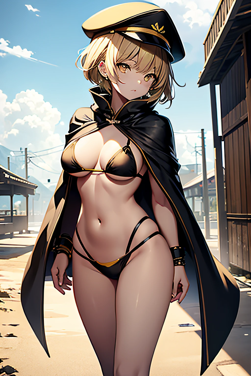 top-quality、extremely delicate and beautiful、femele、Wearing a black cloak。Colossal tits、Black Bikini Bra、Yellow military cap、Thunder properties、a blond、short-haired、Yellow eyes、Navel、((Lower body is yellow micro bikini))、Belt at waist、is standing、Full body view