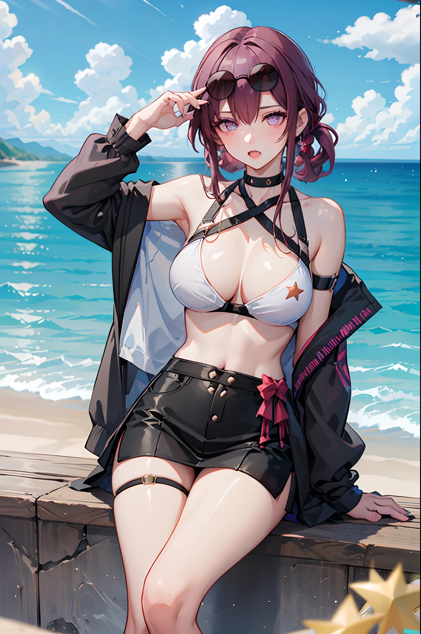 8k, highres, ultra detailed, (masterpiece:1.4), 2 girls , alcohol , bare shoulders , beach , bikini , black bikini , black skirt , blue sky , blush , cleavage , eyewear on head , large breasts , long hair , looking at viewer , miniskirt , navel , open mouth , ponytail , pouring onto self , purple eyes , purple hair , sidelocks , skirt , sky , solo focus , sunglasses , swimsuit , thigh strap , thighs , underboob , wine , wine glass,kafka (honkai star rail)
