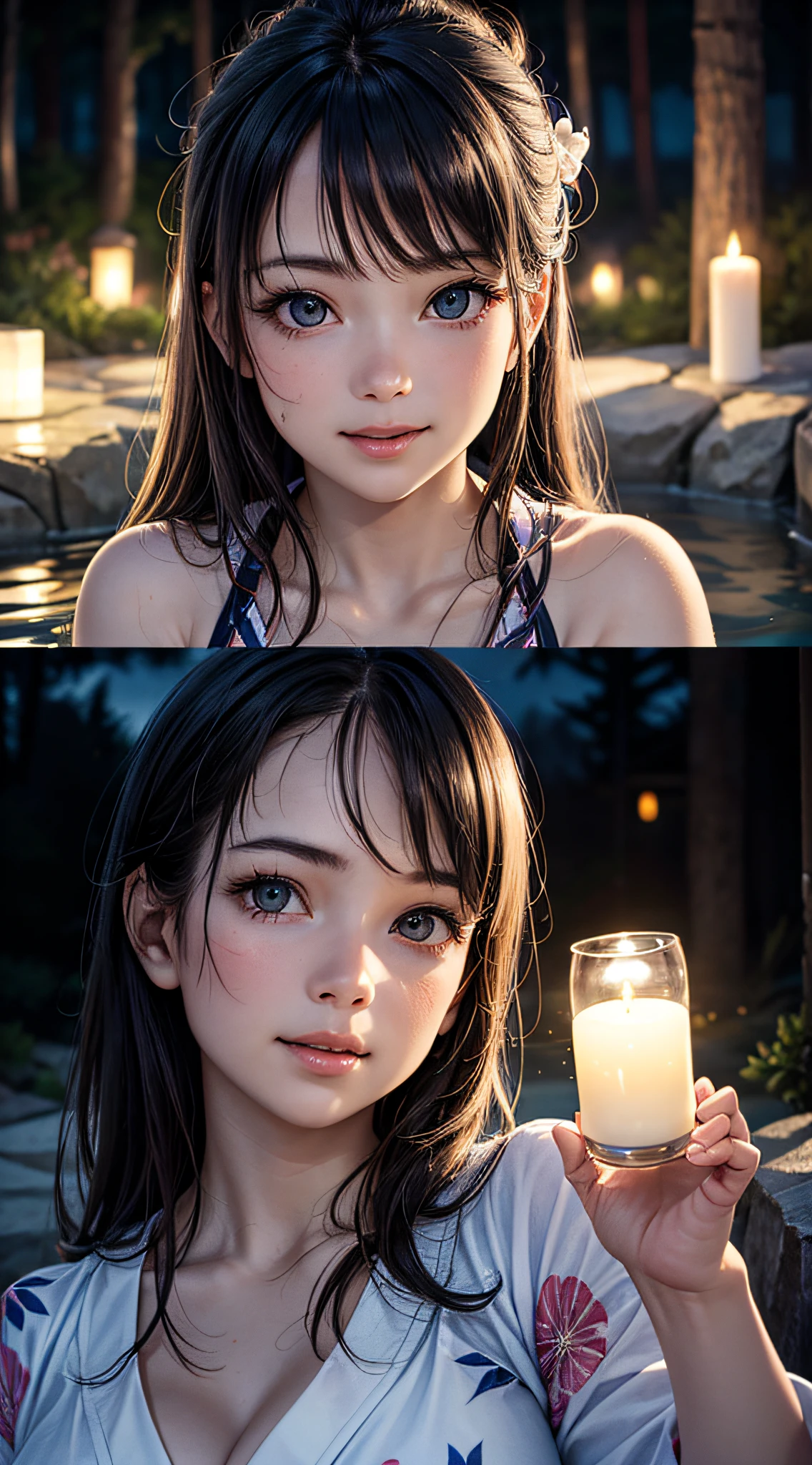 1girl, extremely cute face, Amazing face and eyes, (highly detailed eyes, highly detailed face), Fresh, very clean appearance, (hyper-realistic, hight resolution), (best Quality:1.4), Raw photo, (Realistic, Photorealsitic:1.37), Professional Photography, Cinematic Light, (floral pattern yukata:1.25), (amazing big breasts:1.1), (open yukata), (bare shoulders), Smile slightly, Staring at me, outdoor, Hot springs, (open-air bath at night:1.5), (dark forest), trees, rocks, lantern light, candle light,