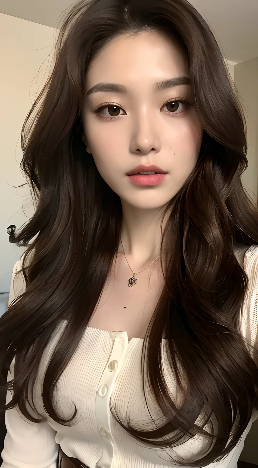 (Best quality, high resolution, masterpiece: 1.3), a tall and beautiful woman, slender abs, ((Dark Brown Hair In Loose Wavy Styling)) ((Long Brown Hair)) breasts, wearing a pendant, white buttoned shirt, belt, black Res Veigna, (background is an interior modern bed), face and skin texture in beautifully presented details, detailed eyes, double eyelids