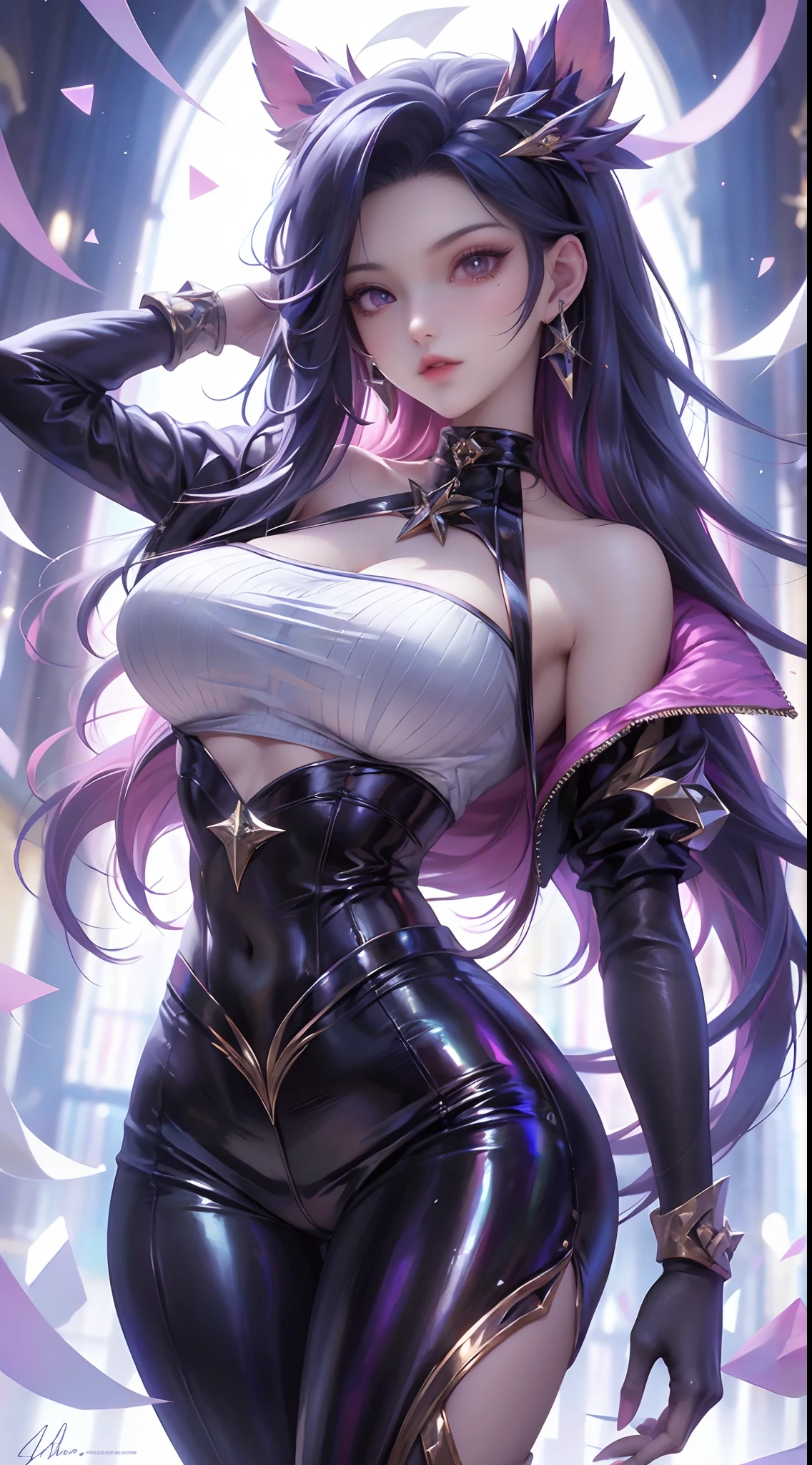 1 girl, Beautiful photorealistic Cardi B as a mixed half Asian half Spanish Prestige KDA all out Ahri from League of Legends, blushing, string bikini armor, Shibari, blindfold, major cleavage, breast indentation, Ahri inside a Runeterra prison, slave collar, chain around her neck, roleplay bdsm, high fantasy, gravure, lewd, busty, highly detailed, 8k, high resolution, solo, bimbo lips, thick thighs, makeup, large shiny breasts, gloves, looking at viewer, photorealistic, Cinema 4D, octane render, innovative, sexy, curvy but slender, mystical aura, smokey mist around Ahri, illuminati style, use advanced machine learning to create the perfect succubus waifu Ahri alone, kneeling, exposed camel toe, vice magazine photography style, trending on Pixiv, trending on civitai, perfect composition, sfw, professional quality, unreal engine perfect ass, shot from behind, thong wedgie, Runeterra, Arcane Netflix scene, perfect pose, ass face and breasts in focus, perfect angle