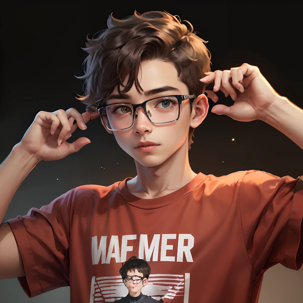 15 year old boy with glasses and brown hair, capa vermelha, camiseta preta, bonito, nerd, nome: Mark