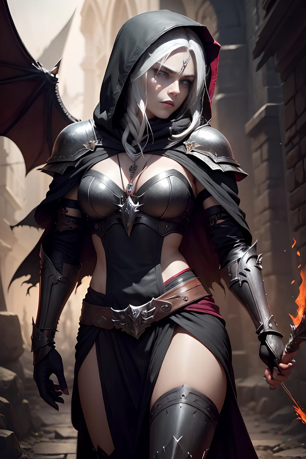 Masterpiece, hd, full detailed, !(Sylvanas Windrunner has the appearance of an undead elf, with pale skin and red eyes. Her hair is black with silver highlights, and she wears it in a long braid. His face is beautiful but stern, often wearing an expression of determination or disdain. His outfit consists in a burgundy wool hood, a of leather and metal armor that allows him to move with agility and protect himself from attacks. His colors are black, red and green, which symbolize his loyalty to the Forsaken, his thirst for revenge and his past as a forester. His most characteristic weapon is a longbow called Night's Edge, which shoots arrows of dark energy. He also wears a dagger and a pendant in the shape of a winged bat, the emblem of the Forsaken)