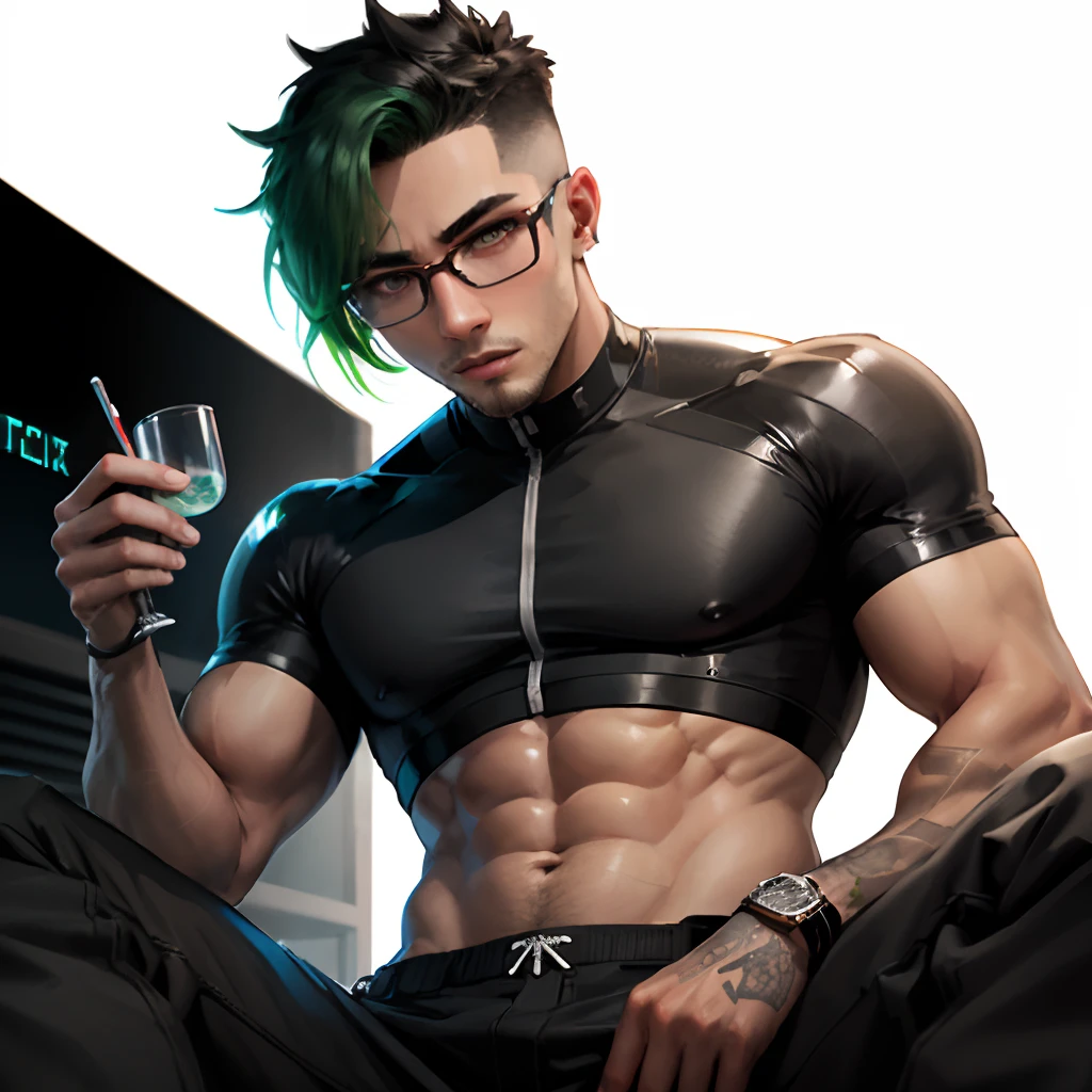 Green hair　red eyes　Black-rimmed square glasses　male people　BL　erotic
Toned body　short-haired