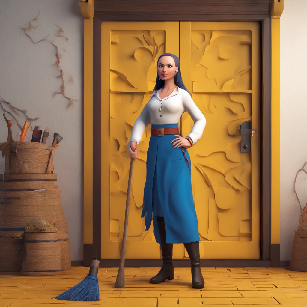 a yellow-skinned man, with no hair (bald), turned backwards, white blouse and blue pants, holding the door; a brunette woman, standing at the post, with long black hair, plusize body, 40 years old, brown eyes, holding a broom in her hand, and with the other hand on her waist, dressed in traditional black witch color clothing with cleavage and she has a star tattoo on the neck of her breast, with a witch's hat, red lips,  the yellow skin rope ,holding a witch's broom in her hands.