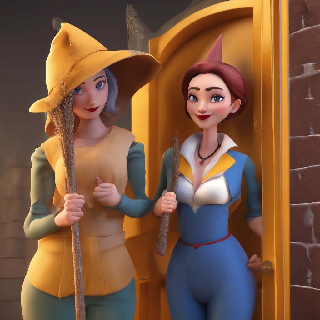 a yellow-skinned man, with no hair (bald), turned backwards, white blouse and blue pants, holding the door; a brunette woman, standing at the post, with long black hair, plusize body, 40 years old, brown eyes, holding a broom in her hand, and with the other hand on her waist, dressed in traditional black witch color clothing with cleavage and she has a star tattoo on the neck of her breast, with a witch's hat, red lips, the yellow skin rope ,holding a witch's broom in her hands.