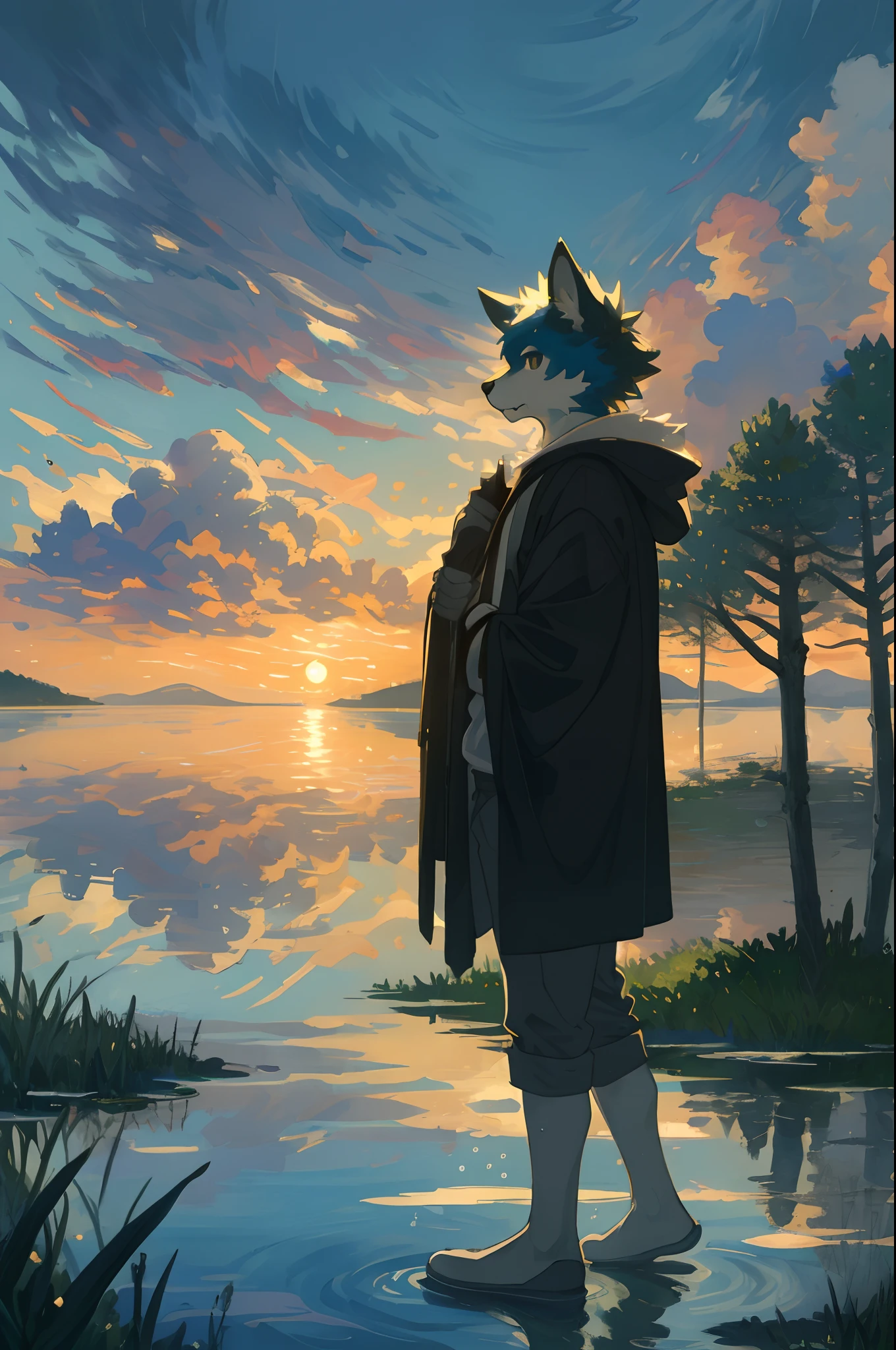 High-quality illustrations by Claude Monet, Impressionism:0.5, cover_page, highres, absurdres, detailed background, lake, dawn, detailed forest, clouds, Mysterious and romantic atmosphere, caustics surface(refraction, polarization)perfect anatomy(handsome 1boy, single, kemono, solo focus)volumetric lighting, Wet clothes, Water droplets(furry anthro)(very detailed body fur)full body, soft and delicate color palette, dramatic composition,