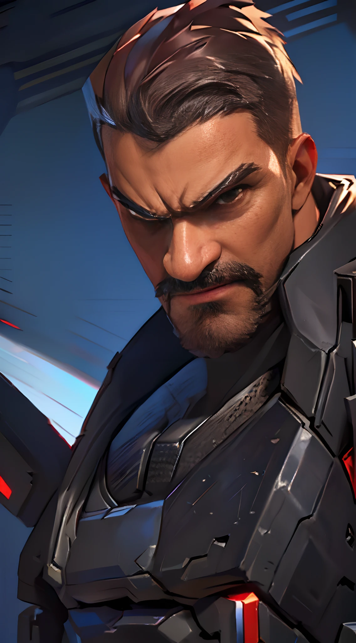 (best quality,ultra-detailed,photorealistic:1.37), Gabriel Reyes, portrait, angry face, folded hands, half body, faces in focus, brutal