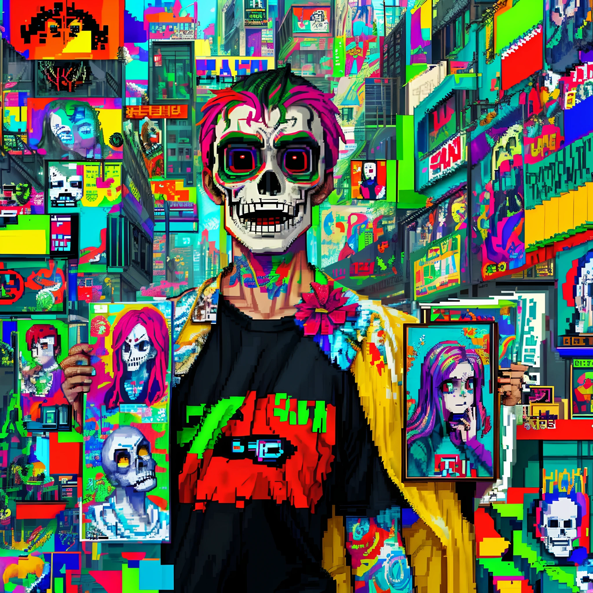 Pixel Art Day of the Dead in an Urban City and Wrestler Posters