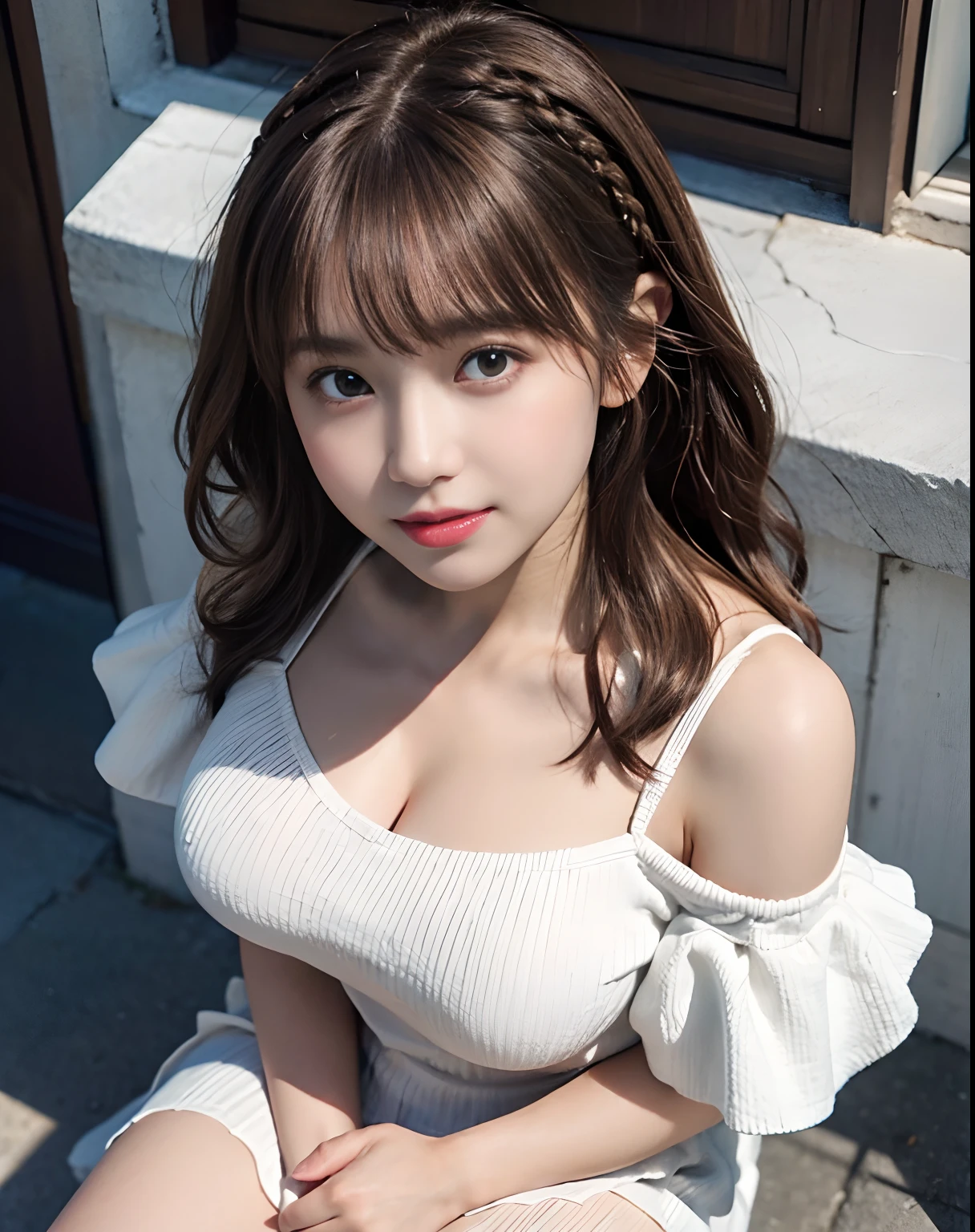 More skin, toView, Brown-eyed, (Light Brown Fringe Hair:1.2),Braided hair、The long-haired、(Photorealsitic:1.4), Shadow、(Top image quality:1.0), (超A high resolution:1.0), 8K, Raw photography, (masterpiece:0.2), (pureerosface), Room, Pure White Solid Off Shoulder Knit Dress、No shoulder straps、(Emphasize the valley:1.2)、爆乳, Coordinated breasts, ssmile, Bright lighting, from the thighs up、sexy pose、(From above:1.8)
