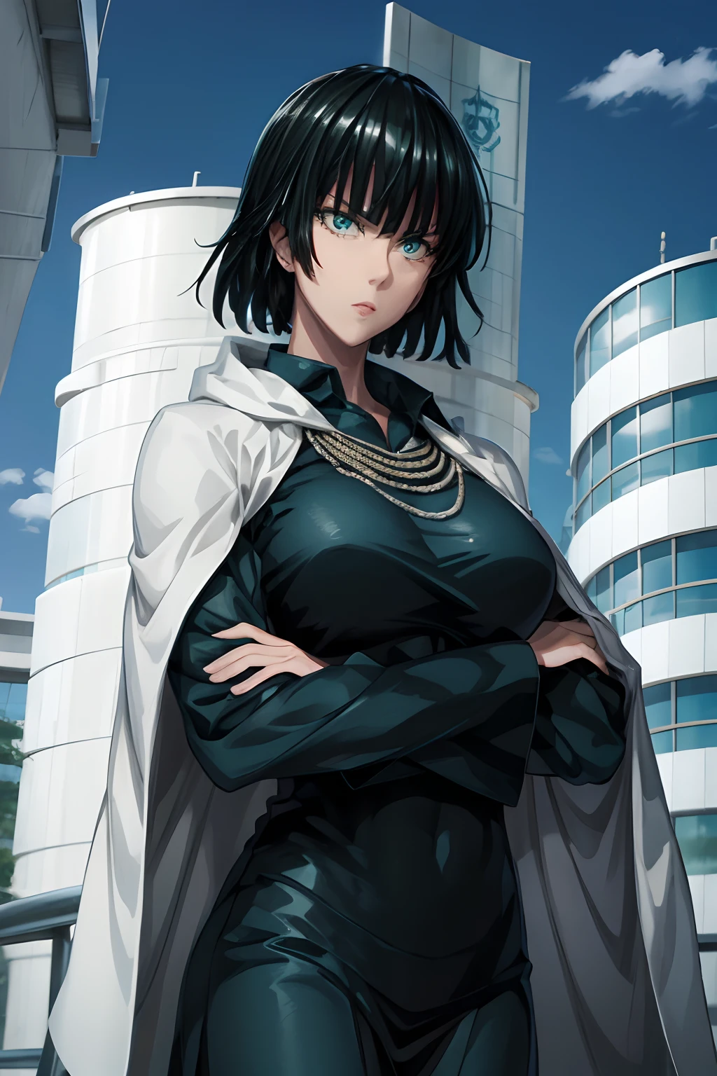 Fubuki, Ropa azul de estilo medieval, con armadura plateada, Capa azul oscuro