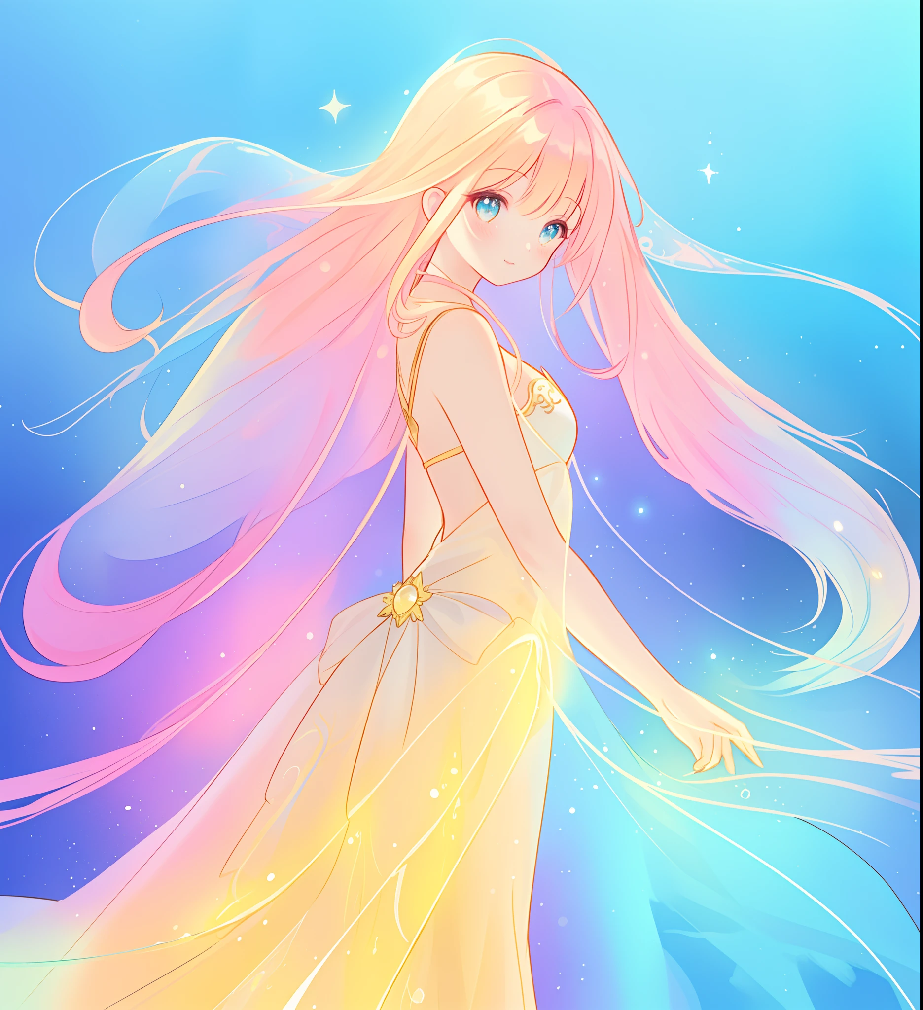 beautiful girl in tiered layered princess ballgown, vibrant pastel colors, (colorful), long flowing colorful hair, magical lights, sparkling magical liquid, inspired by Glen Keane, inspired by Lois van Baarle, disney art style, by Lois van Baarle, glowing aura around her, by Glen Keane, jen bartel, glowing lights! digital painting, flowing glowing hair, glowing flowing hair, beautiful digital illustration, fantasia background, whimsical, magical, fantasy, ((beautiful face)), ((masterpiece, best quality)), intricate details, highly detailed, sharp focus, 8k resolution, sparkling detailed eyes, liquid watercolor