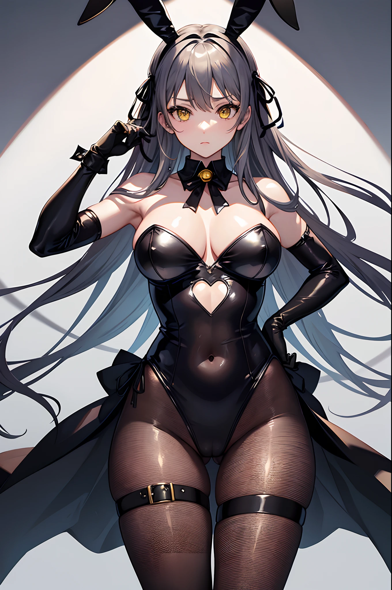 8k, highres, ultra detailed, (masterpiece:1.4), 1girl , bell , bow , covered navel , cowboy shot , cross-laced clothes , cross-laced gloves , cross-laced leotard , cutout above navel , detached collar , diamond cutout , elbow gloves , fake animal , fishnet pantyhose , fishnets , grey hair , hair ribbon , hand on own thigh , hand to own face , highleg leotard , jingle bell , lace-up , large breasts , looking at viewer , neck bell , pantyhose , playboy bunny , rabbit ears , ribbon , side-tie leotard , sideless outfit , simple background , solo , star o-ring , thigh belt , thigh strap , thighs , white gloves , yellow eyes , yellow leotard