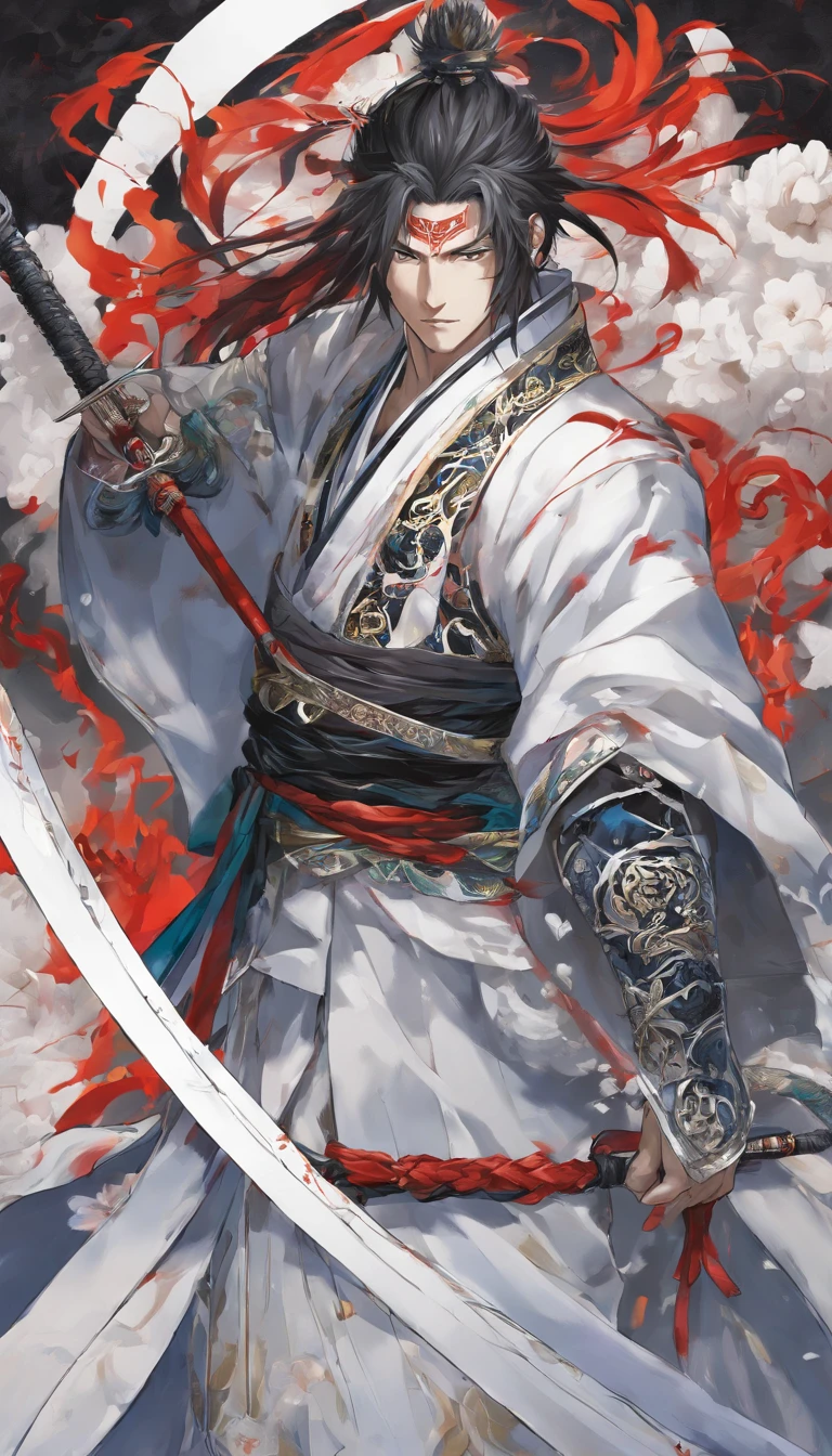 middle aged man, Evil painting style, A high resolution, Black color hair, Half is the body of a demon,Half a demon face, Chinese Warrior, Delicate three-dimensional blue flame demon face, sbeard, Expression of anger, Perfect body proportions, kaftan, Black and white robes, A scabbard hangs from his waist, Handsome, Full body view, standing on your feet, (White background:1.3), swordsman, He held a long knife that was wide and heavy in his hand, Face the lens, (Blackn clothes:0.8), High detail, Masterpiece, ccurate, Anatomically correct, Textured skin