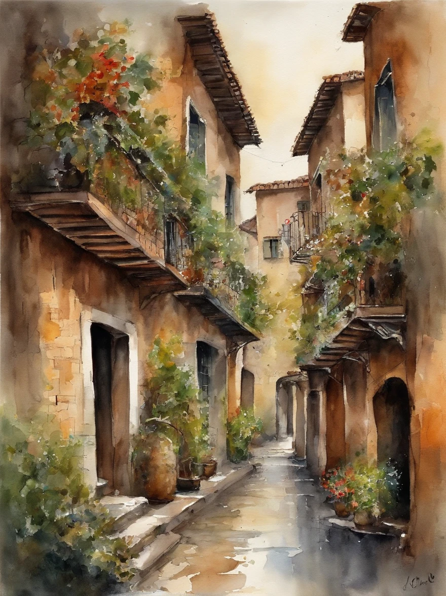 moderno, speed lines, punto de fuga, UHD, Obra maestra, Detalles altos,There's a Chinese-style alley in the bustling city，Los cables se intercalan entre las casas a ambos lados，Stone bricks of different sizes are paved along the way，The sides are lined with greenery。It just rained here，Puddles are strewn everywhere，El cielo es gris，Nada，Everything seemed particularly homey