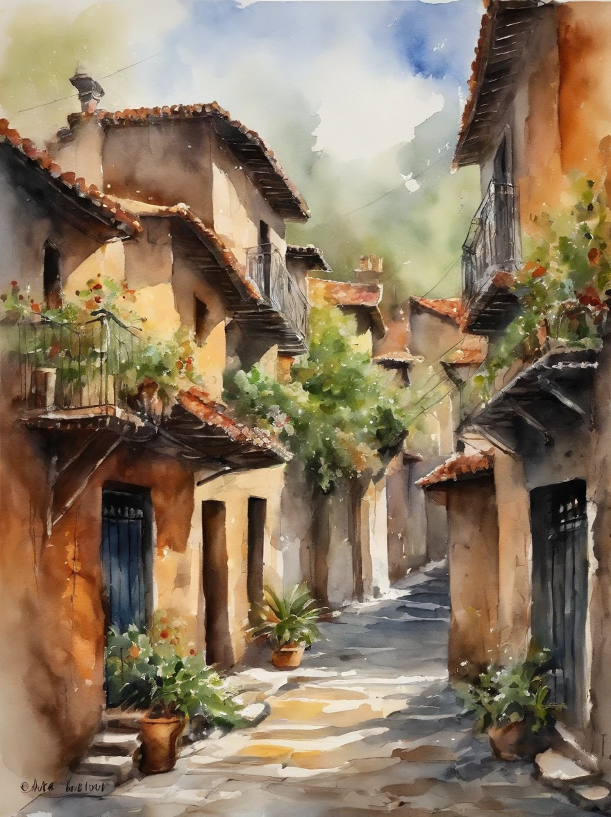 moderno, speed lines, punto de fuga, UHD, Obra maestra, Detalles altos,There's a Chinese-style alley in the bustling city，Los cables se intercalan entre las casas a ambos lados，Stone bricks of different sizes are paved along the way，The sides are lined with greenery。It just rained here，Puddles are strewn everywhere，El cielo es gris，Nada，Everything seemed particularly homey