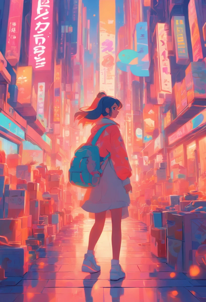 illustration of a woman walking through a city with various objects, editorial illustration pastelcolor, in style of james gilleard, illustration style, james gilleard artwork, flat illustration, in style of digital illustration, magazine illustrations, editorial illustration, digital illustration -, #illustration, magazine illustration, inspired by James Gilleard, modern illustration, illustration | rutkowski, stylized digital illustration