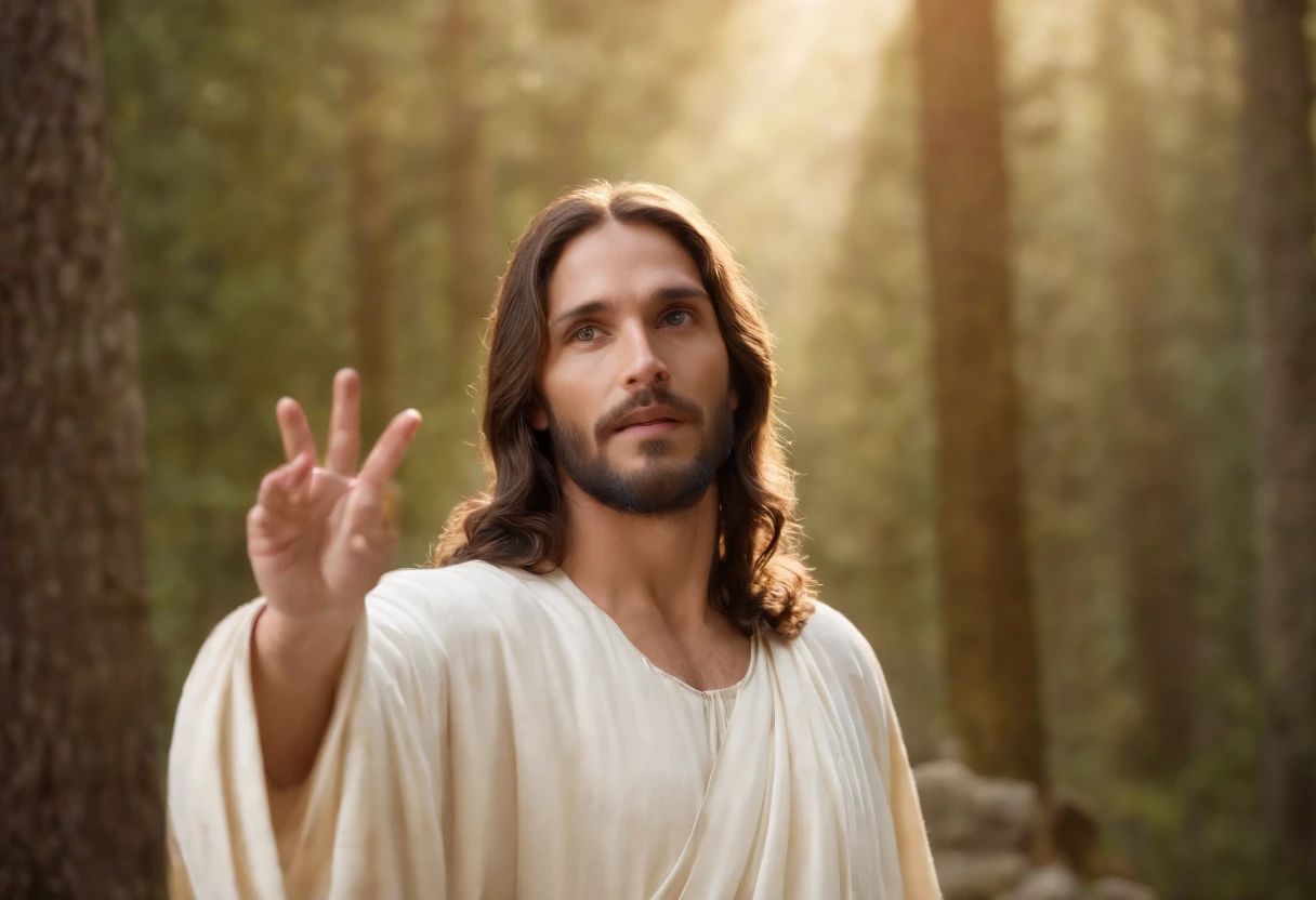 Descreva uma imagem de Jesus Cristo, emanating a divine aura and looking directly into the camera with a penetrating and compassionate gaze. The scene around him radiates a sense of serenity and transcendence, com cores suaves e uma atmosfera celestial. Highlight the details of the expression on your face, the sparkle in your eyes and the sense of peace and grace that your presence radiates in this sacred moment