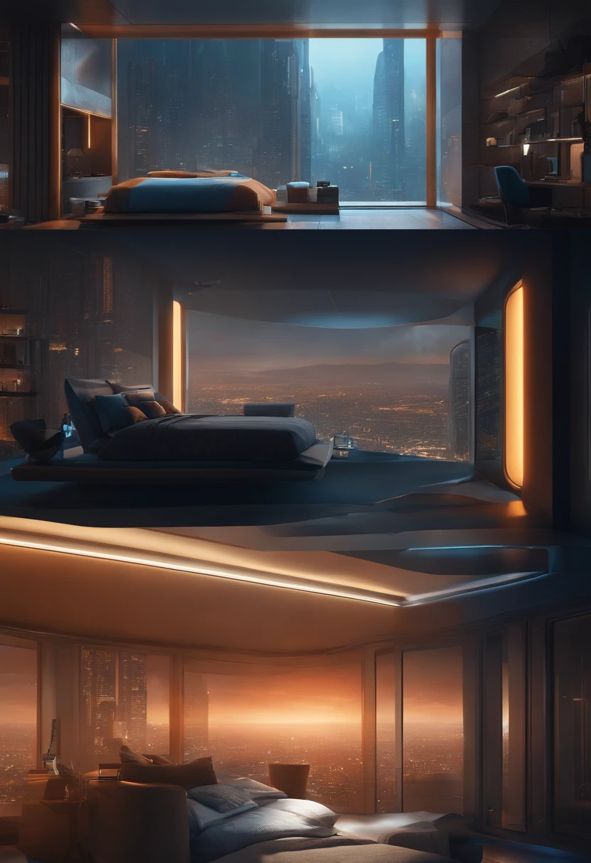 A Gorgeous Sci-Fi Bedroom Matte Painting par John Harris, Sparth et Greg Rutkowski. sharp edges, Bleu tiffany, gris orange, white and gold. Sci - Fi Chambre dans une base spatiale, Outside the windows A future Skyline city, light effect. Ultra clear detailed, 3 d, Rendu octane. 8 km
