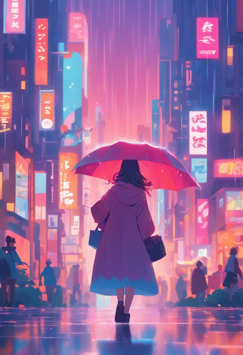 illustration of a woman walking through a city with various objects, editorial illustration pastelcolor, in style of james gilleard, illustration style, james gilleard artwork, flat illustration, in style of digital illustration, magazine illustrations, editorial illustration, digital illustration -, #illustration, magazine illustration, inspired by James Gilleard, modern illustration, illustration | rutkowski, stylized digital illustration, a little bit rain
